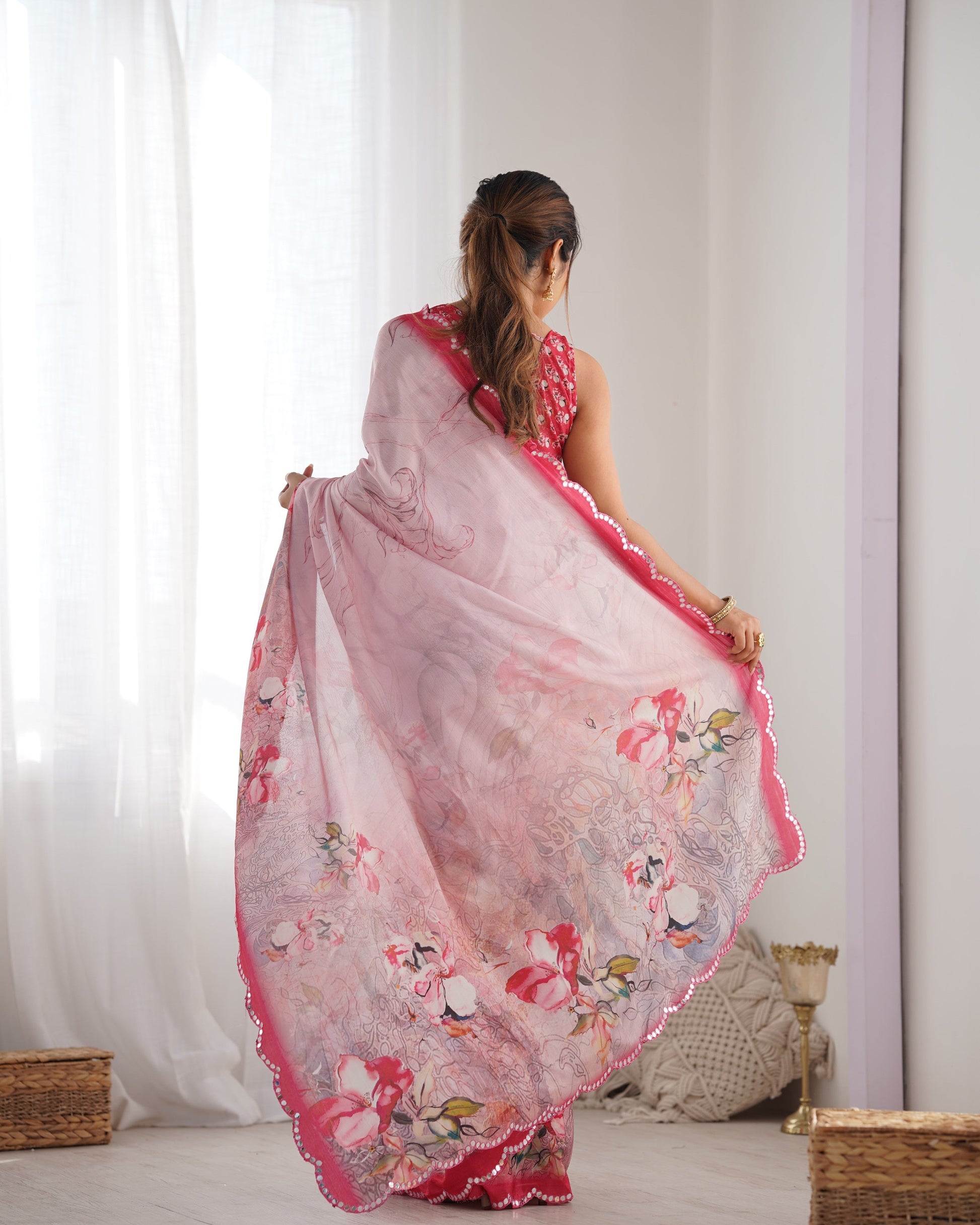 Jyoti Fashion Women's Pink Chinon Print with Mirror Work Designer Saree with Blouse | Swadesiicart