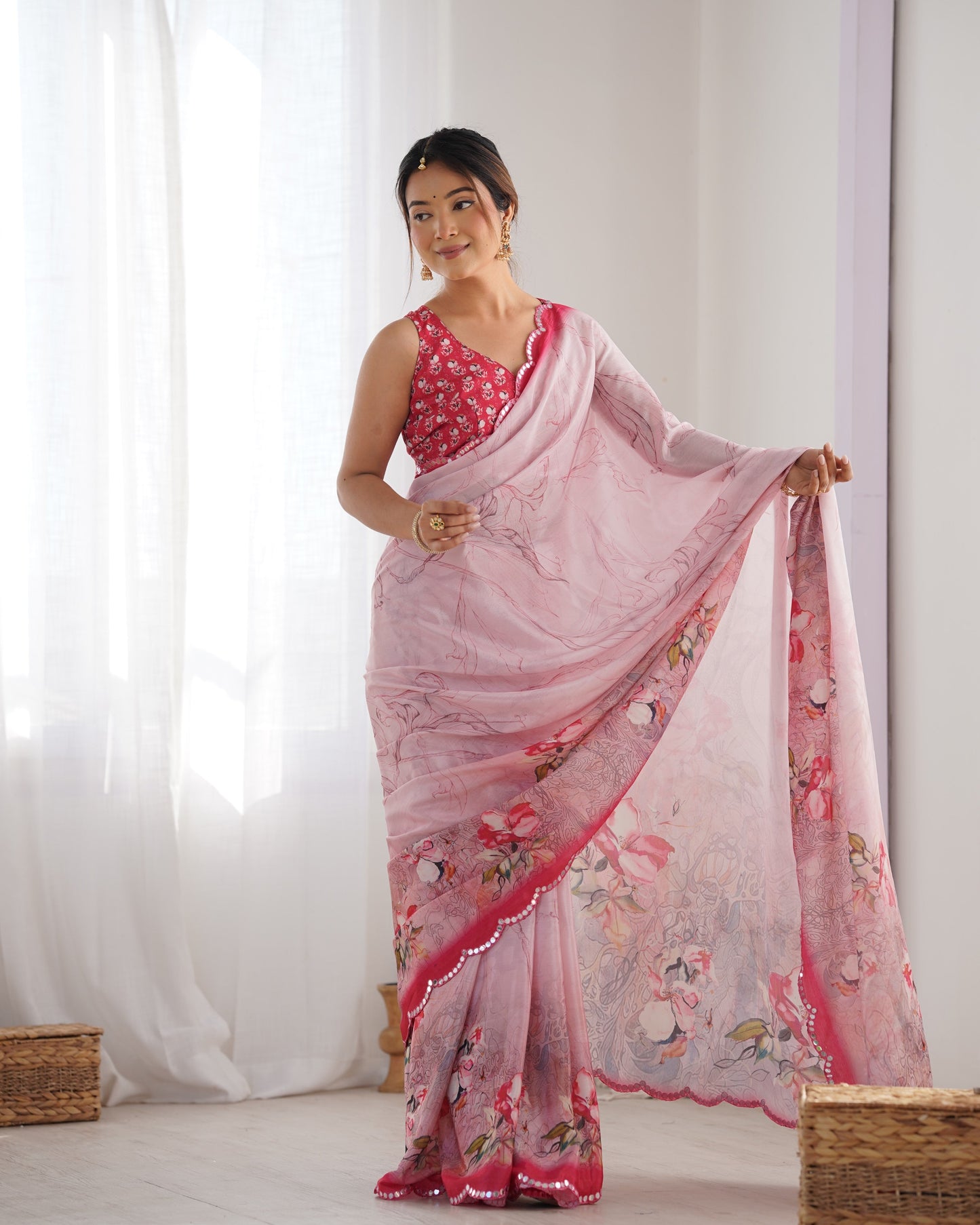 Jyoti Fashion Women's Pink Chinon Print with Mirror Work Designer Saree with Blouse | Swadesiicart