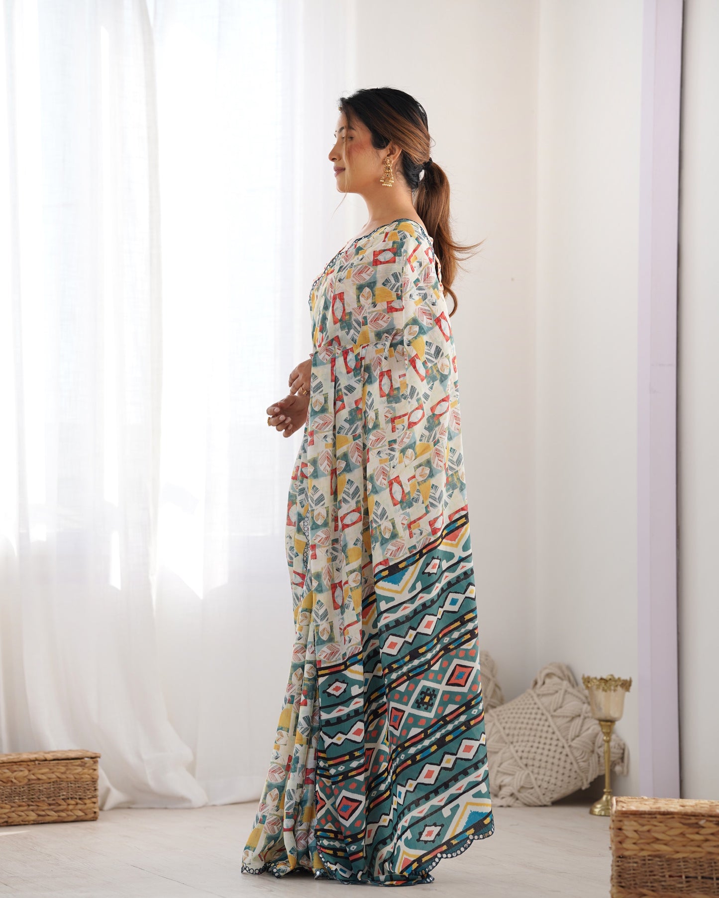 Jyoti Fashion Women's Multicolor Chinon Print with Mirror Work Designer Swadesiicart with Blouse