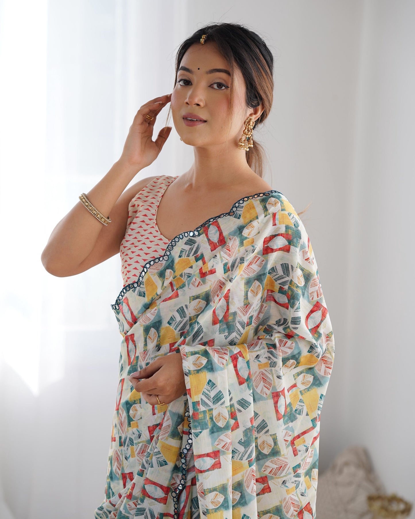 Jyoti Fashion Women's Multicolor Chinon Print with Mirror Work Designer Swadesiicart with Blouse