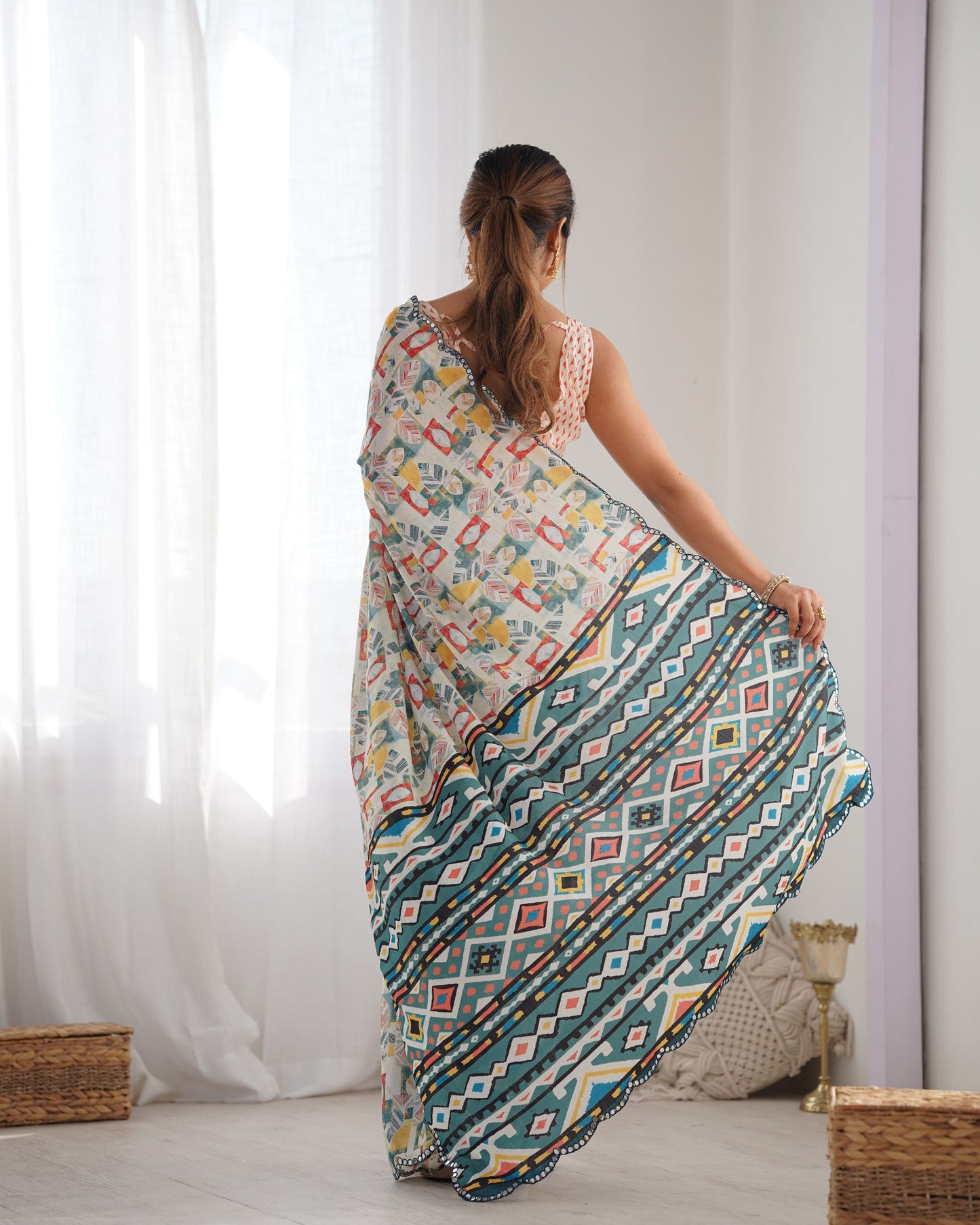 Jyoti Fashion Women's Multicolor Chinon Print with Mirror Work Designer Swadesiicart with Blouse