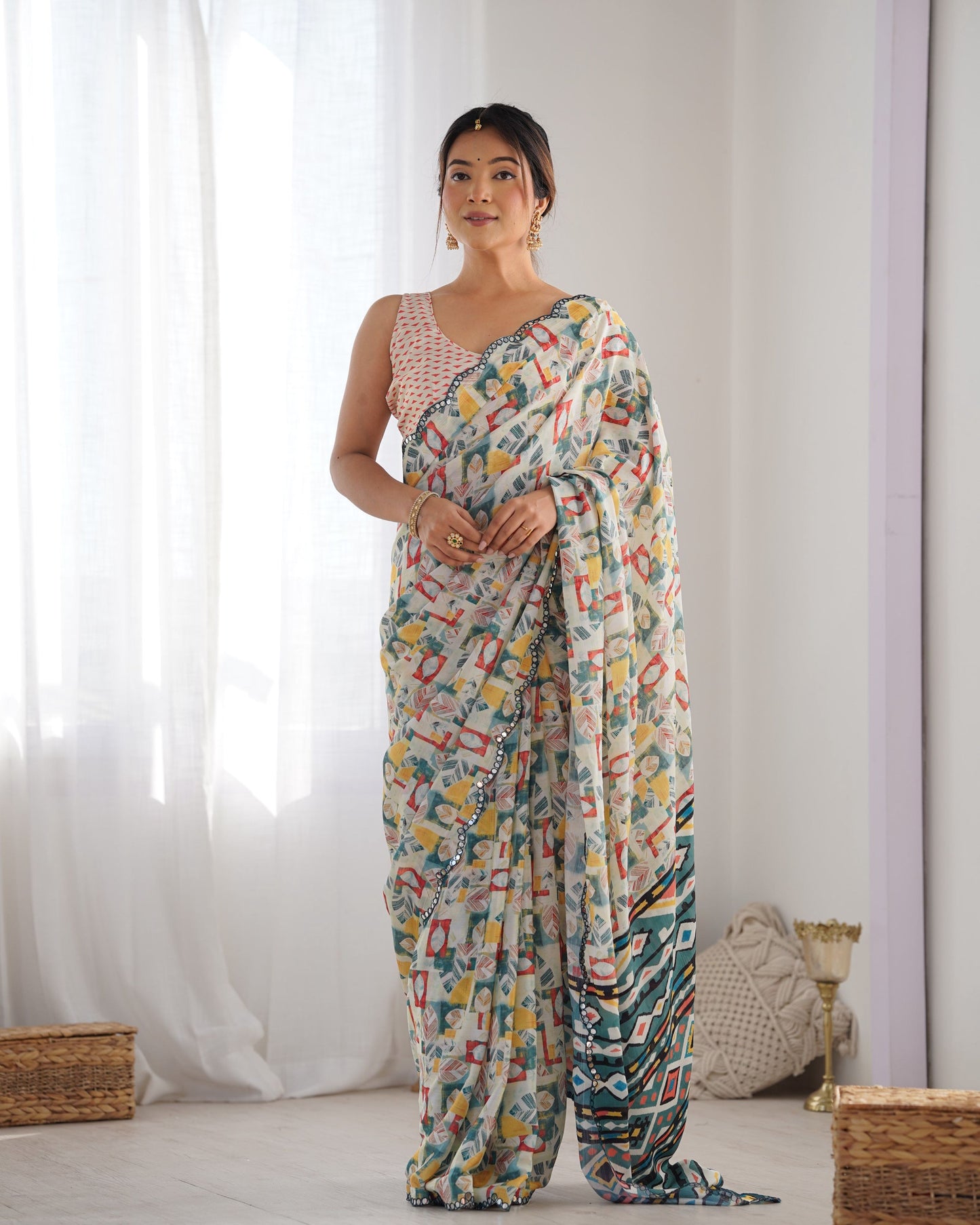 Jyoti Fashion Women's Multicolor Chinon Print with Mirror Work Designer Swadesiicart with Blouse