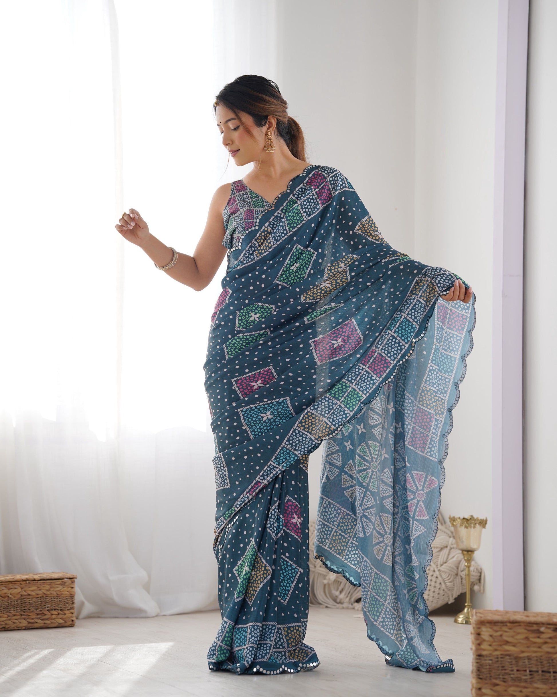 Jyoti Fashion Women's Multicolor Chinon Print with Mirror Work Designer Saree with Blouse | Swadesiicart