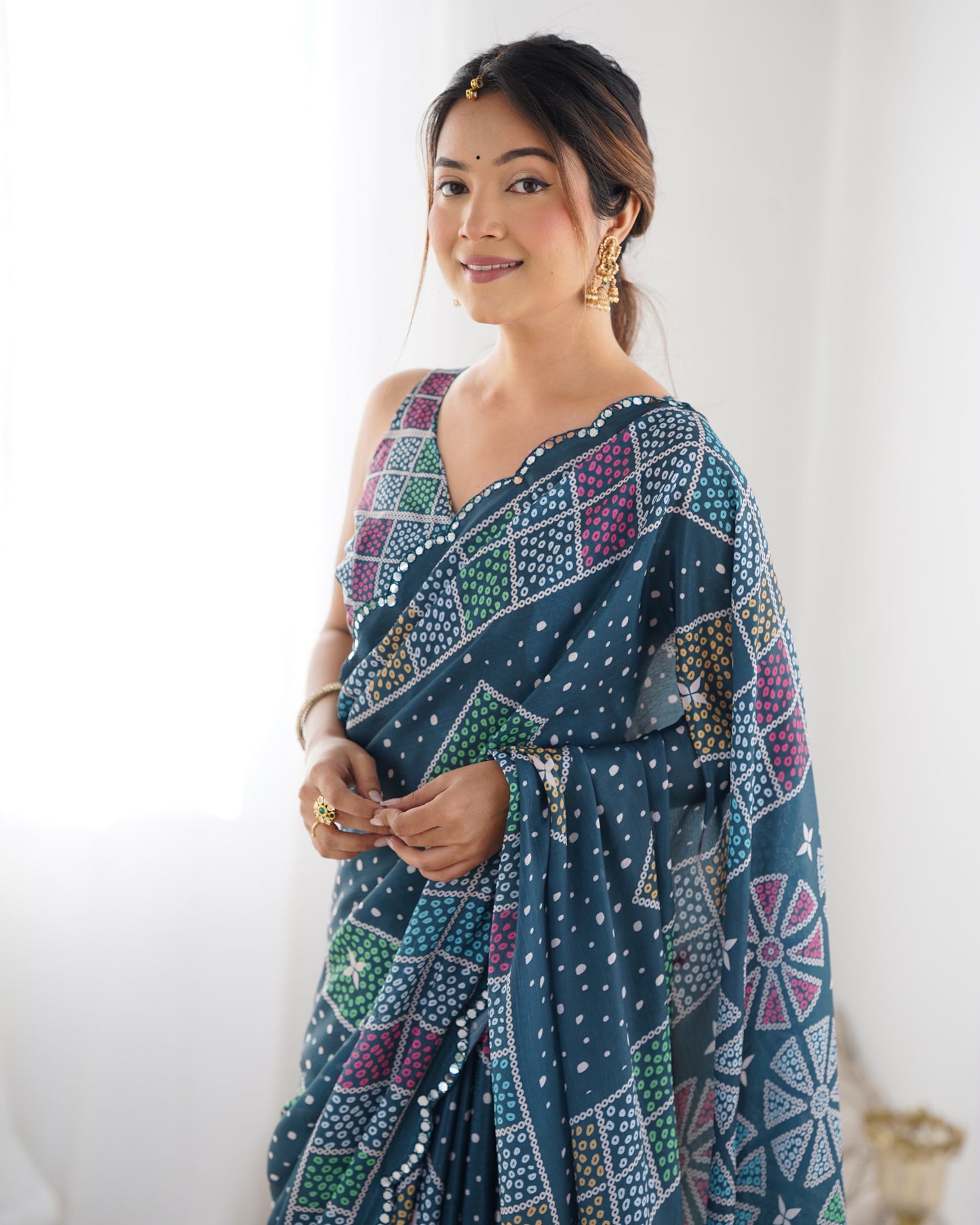 Jyoti Fashion Women's Multicolor Chinon Print with Mirror Work Designer Saree with Blouse | Swadesiicart