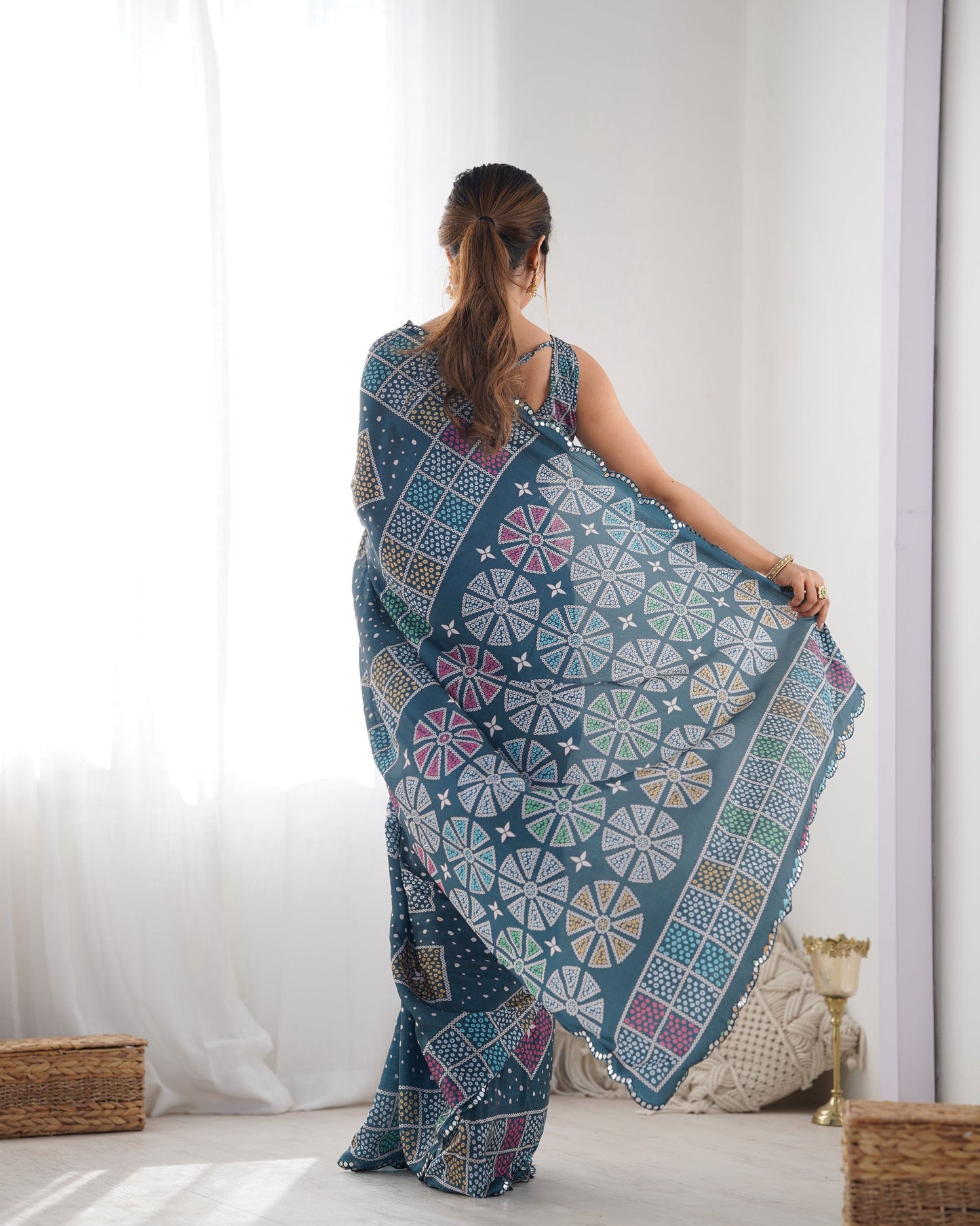 Jyoti Fashion Women's Multicolor Chinon Print with Mirror Work Designer Saree with Blouse | Swadesiicart
