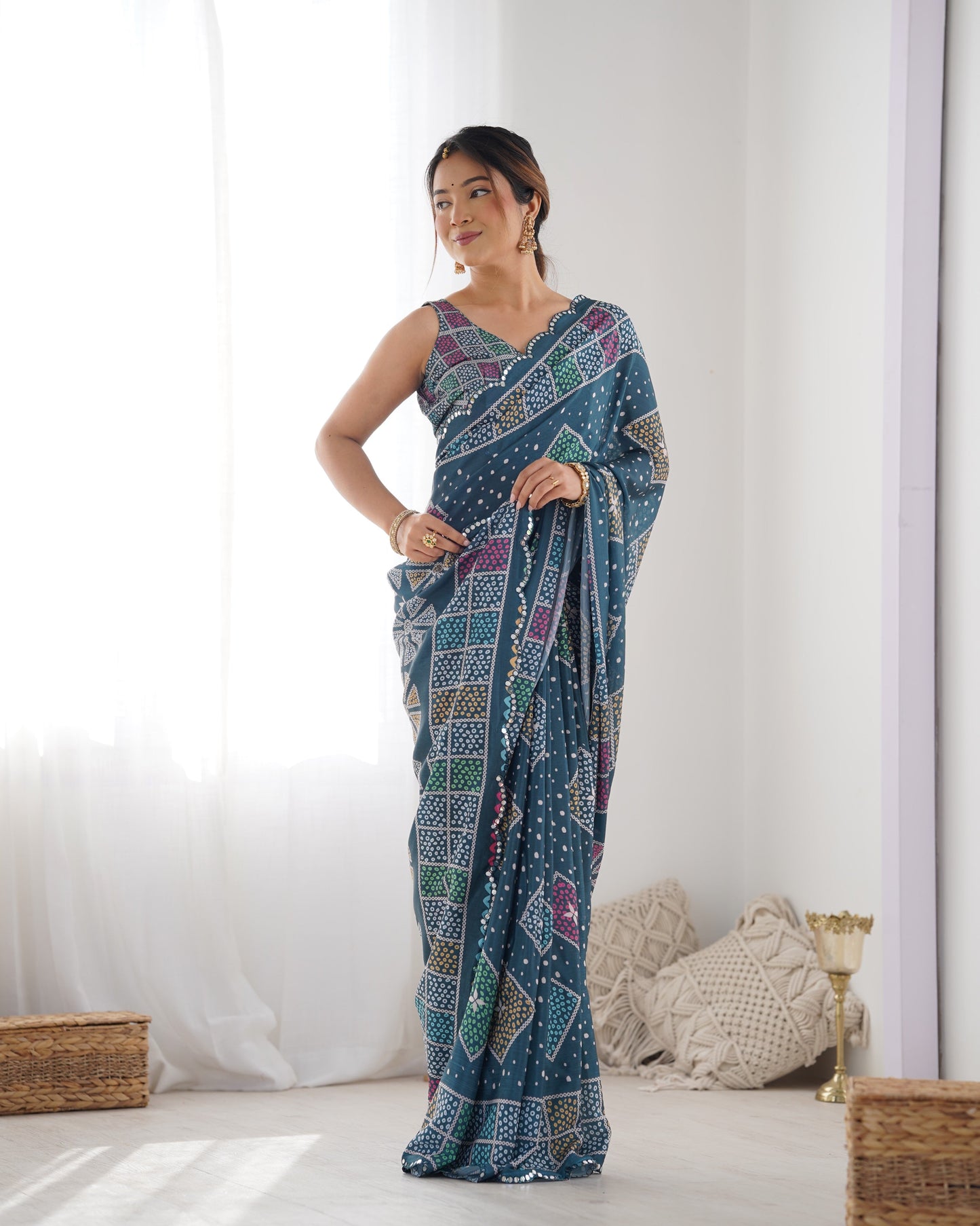 Jyoti Fashion Women's Multicolor Chinon Print with Mirror Work Designer Saree with Blouse | Swadesiicart