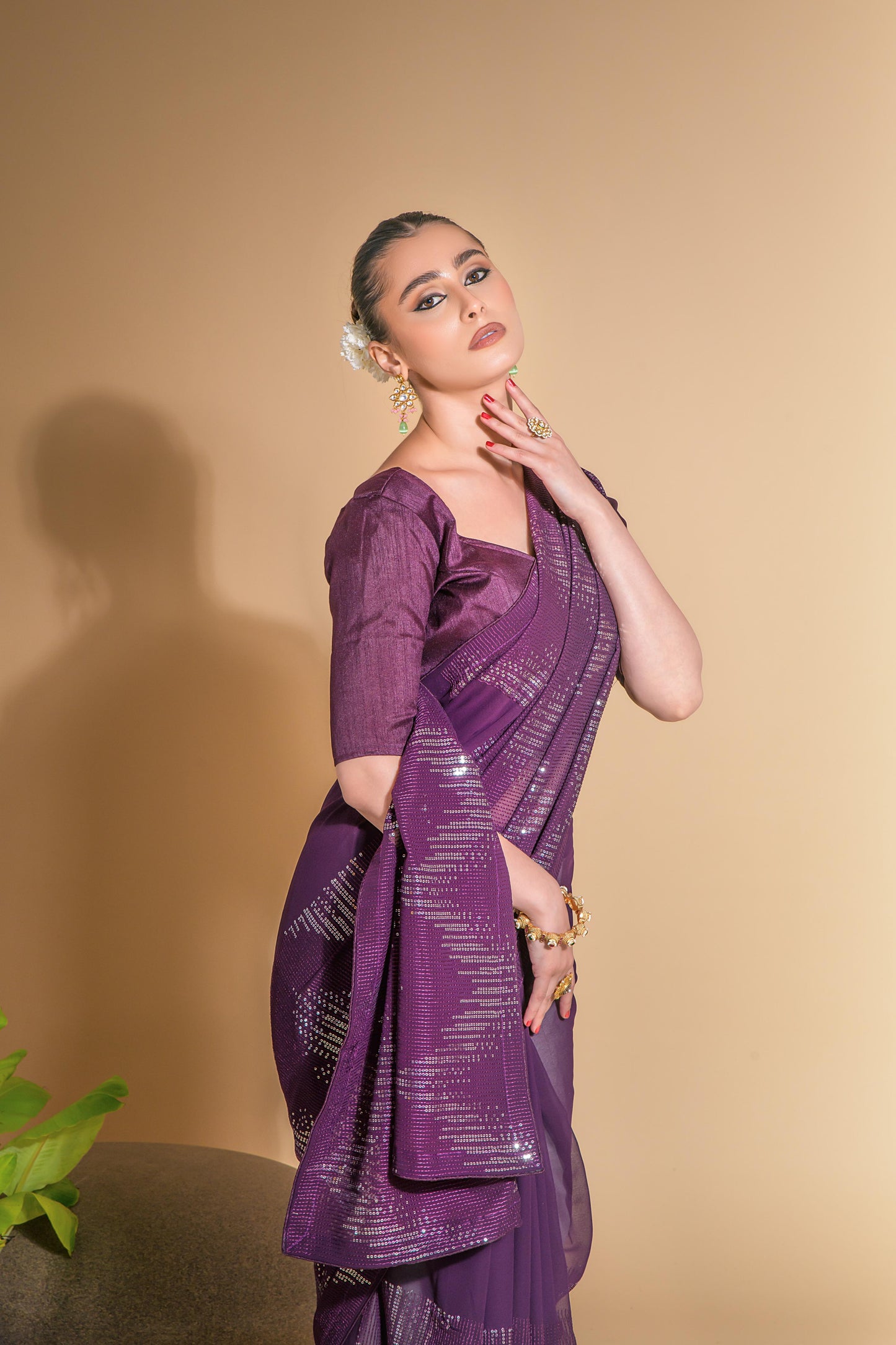 Jyoti Fashion Women's Wine Georgette Sequins Embroidered Designer Saree with Blouse | Swadesiicart
