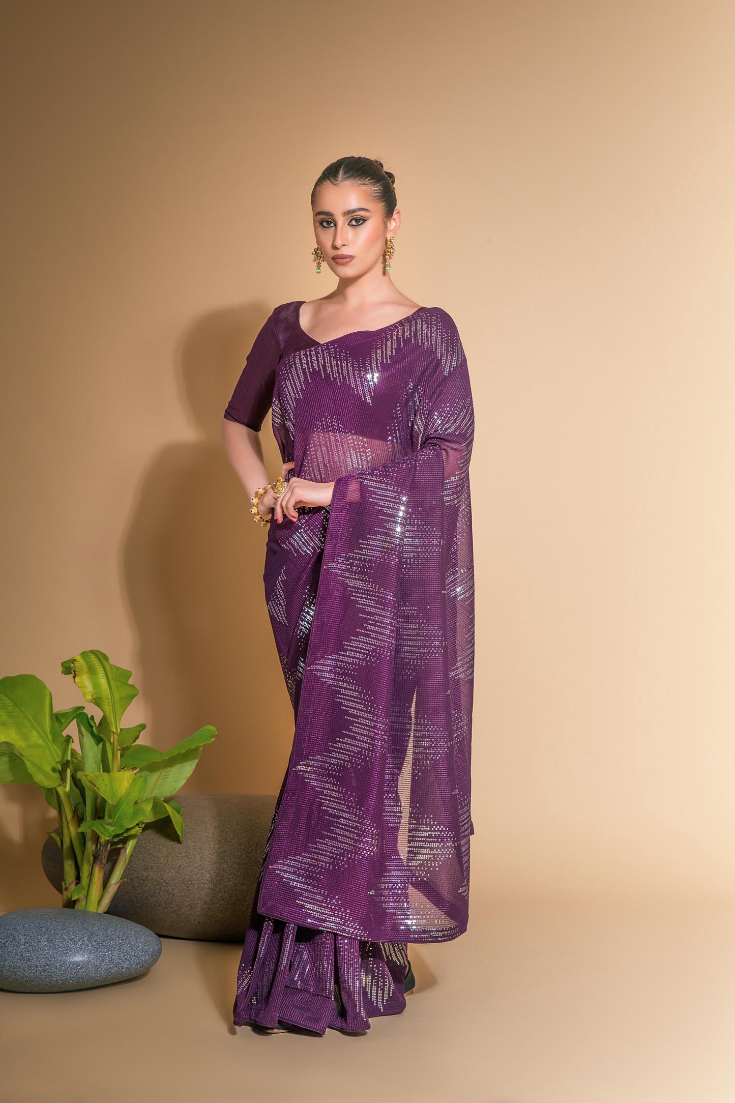 Jyoti Fashion Women's Wine Georgette Sequins Embroidered Designer Saree with Blouse | Swadesiicart
