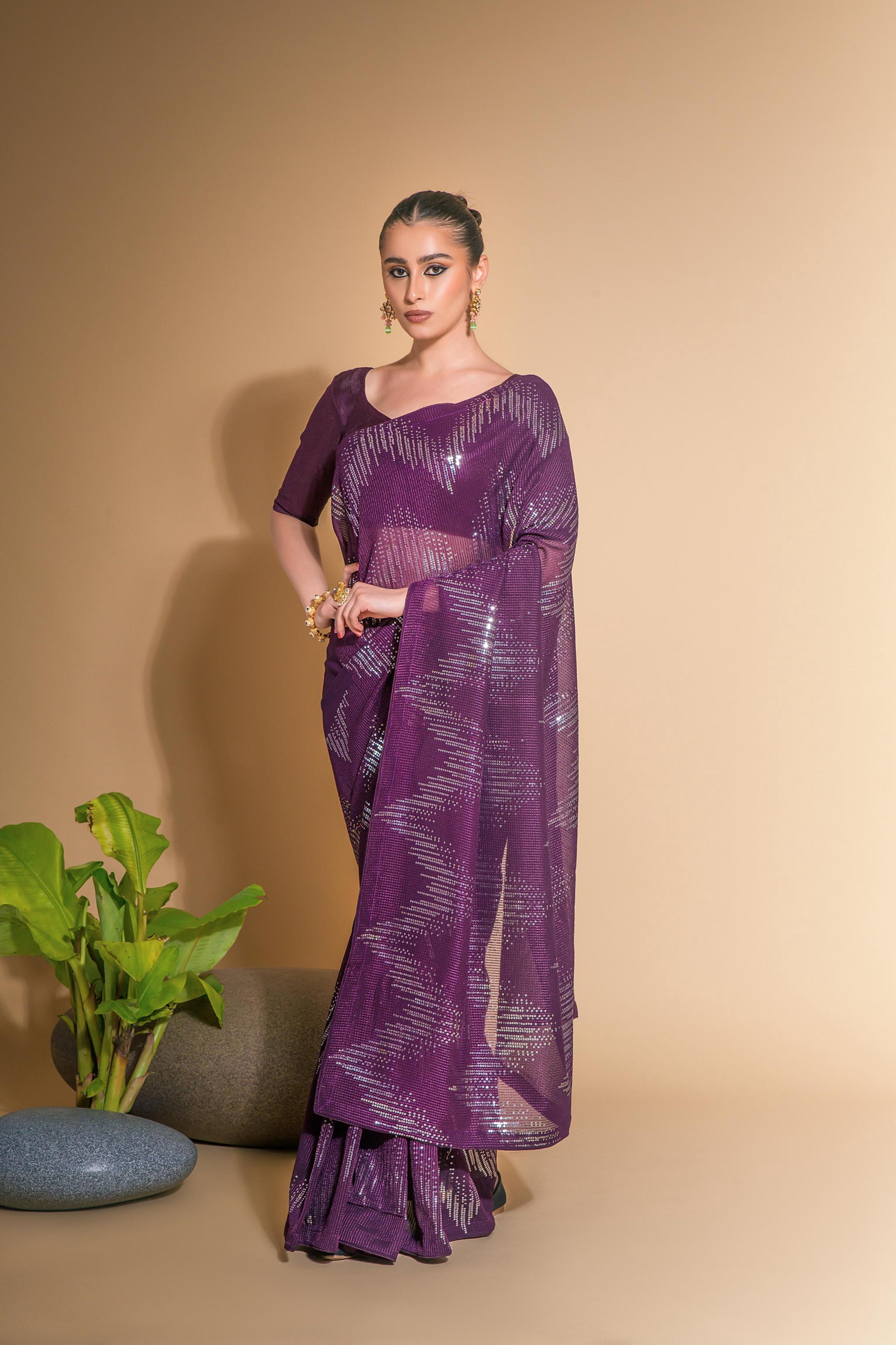 Jyoti Fashion Women's Wine Georgette Sequins Embroidered Designer Saree with Blouse | Swadesiicart