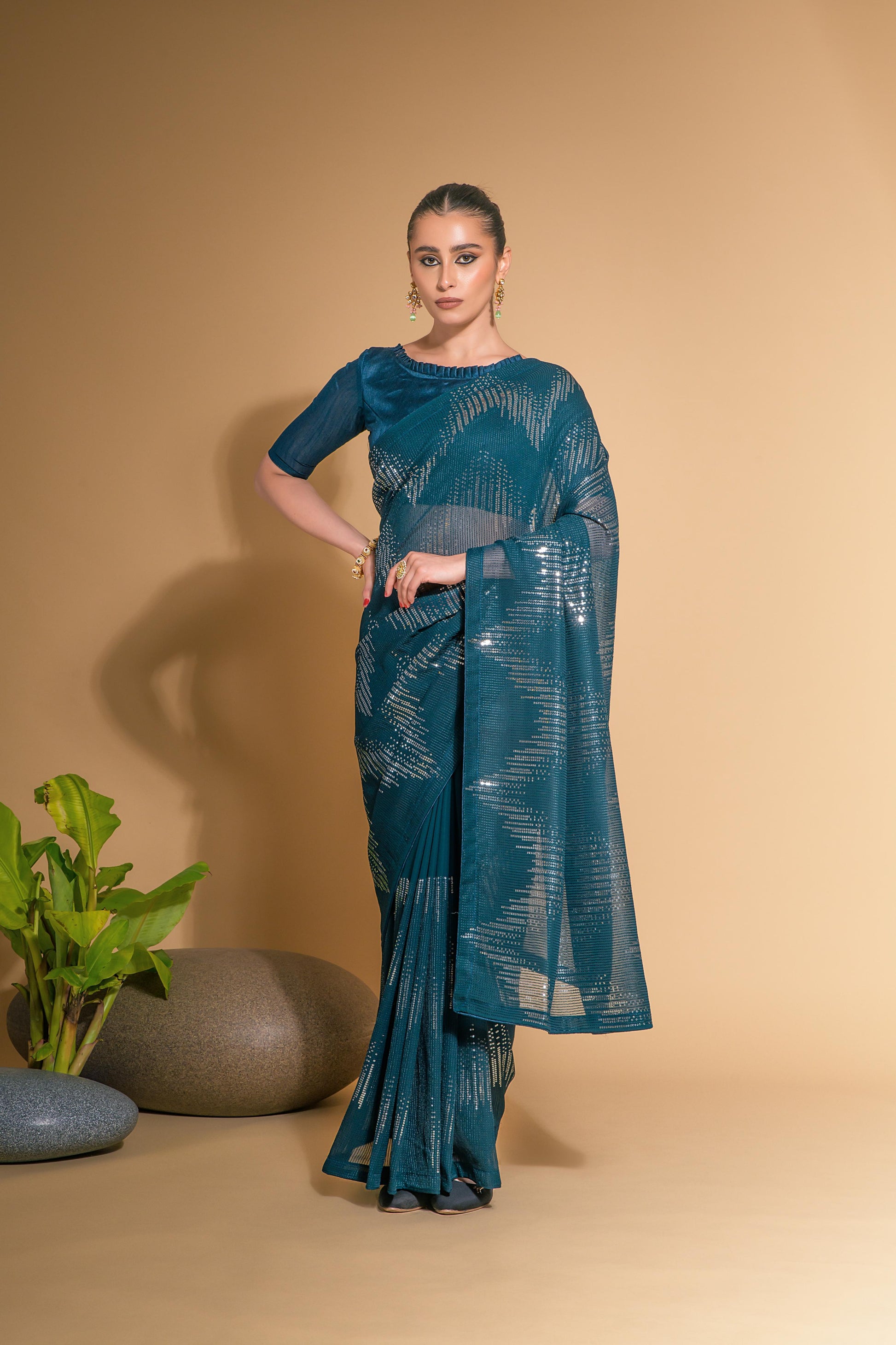Jyoti Fashion Women's More Peach Georgette Sequins Embroidered Designer Saree with Blouse | Swadesiicart