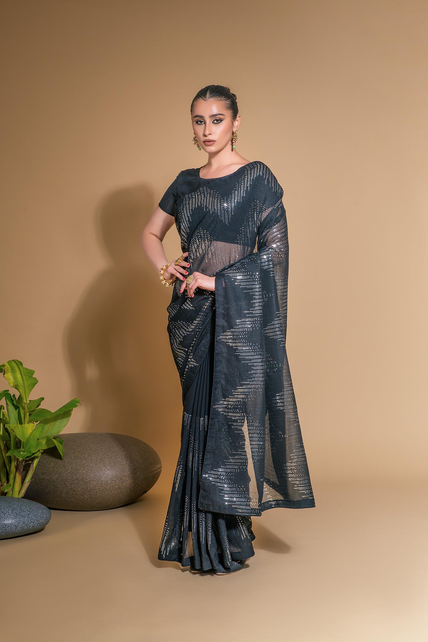 Jyoti Fashion Women's Black Georgette Sequins Embroidered Designer Saree with Blouse | Swadesiicart