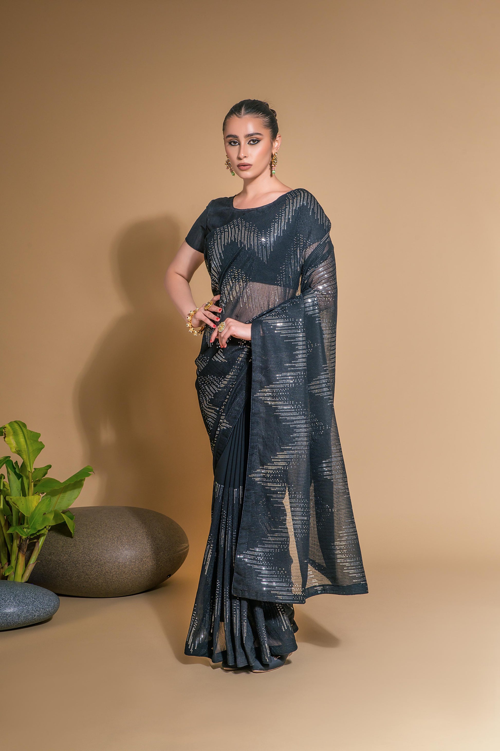 Jyoti Fashion Women's Black Georgette Sequins Embroidered Designer Saree with Blouse | Swadesiicart