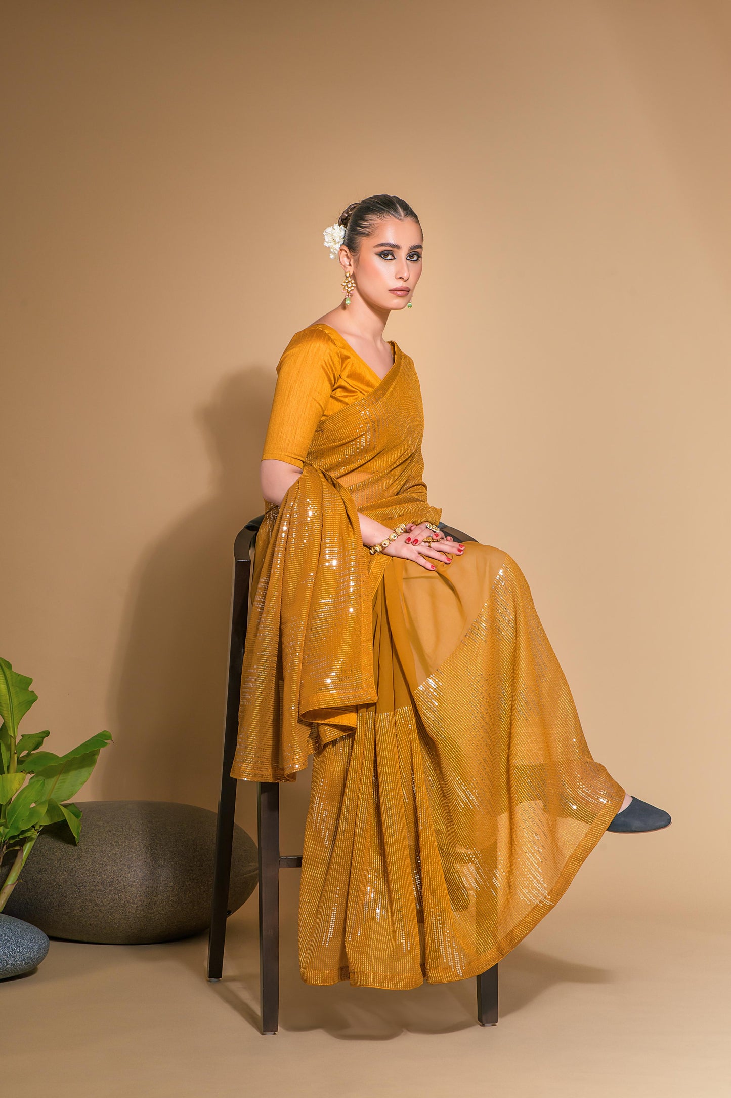 Jyoti Fashion Women's Mustard Georgette Sequins Embroidered Designer Saree with Blouse | Swadesiicart