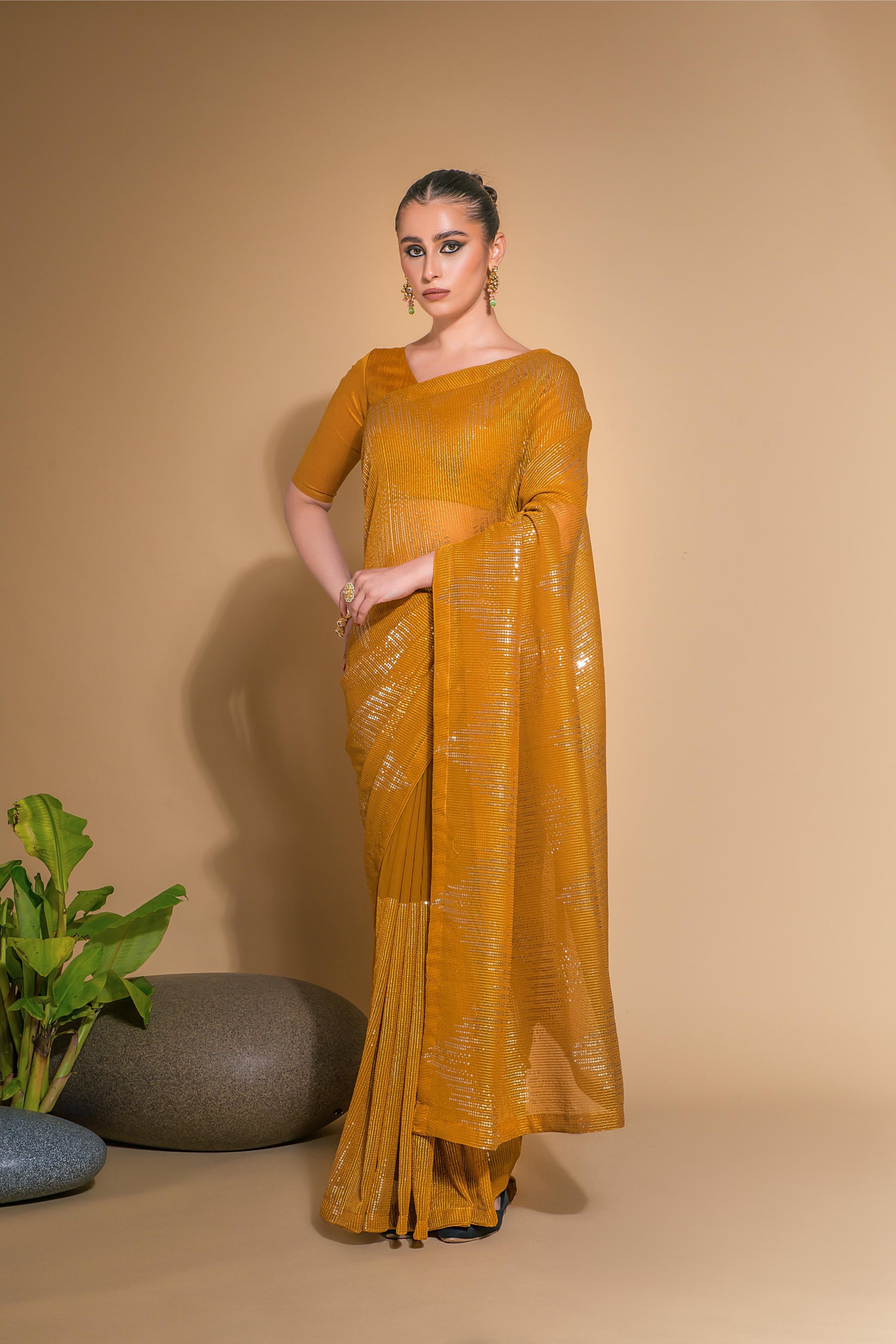 Jyoti Fashion Women's Mustard Georgette Sequins Embroidered Designer Saree with Blouse | Swadesiicart
