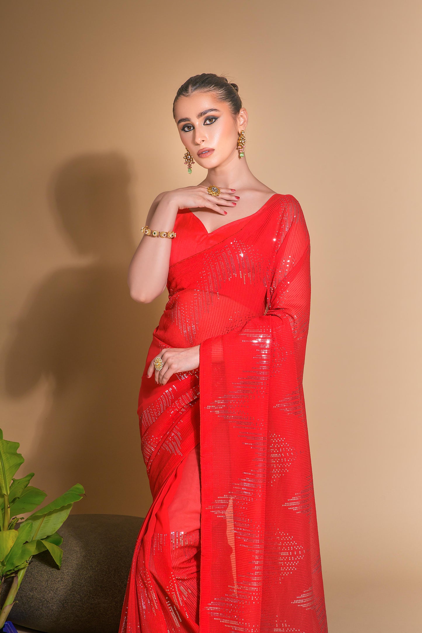 Jyoti Fashion Women's Red Georgette Sequins Embroidered Designer Saree with Blouse | Swadesiicart