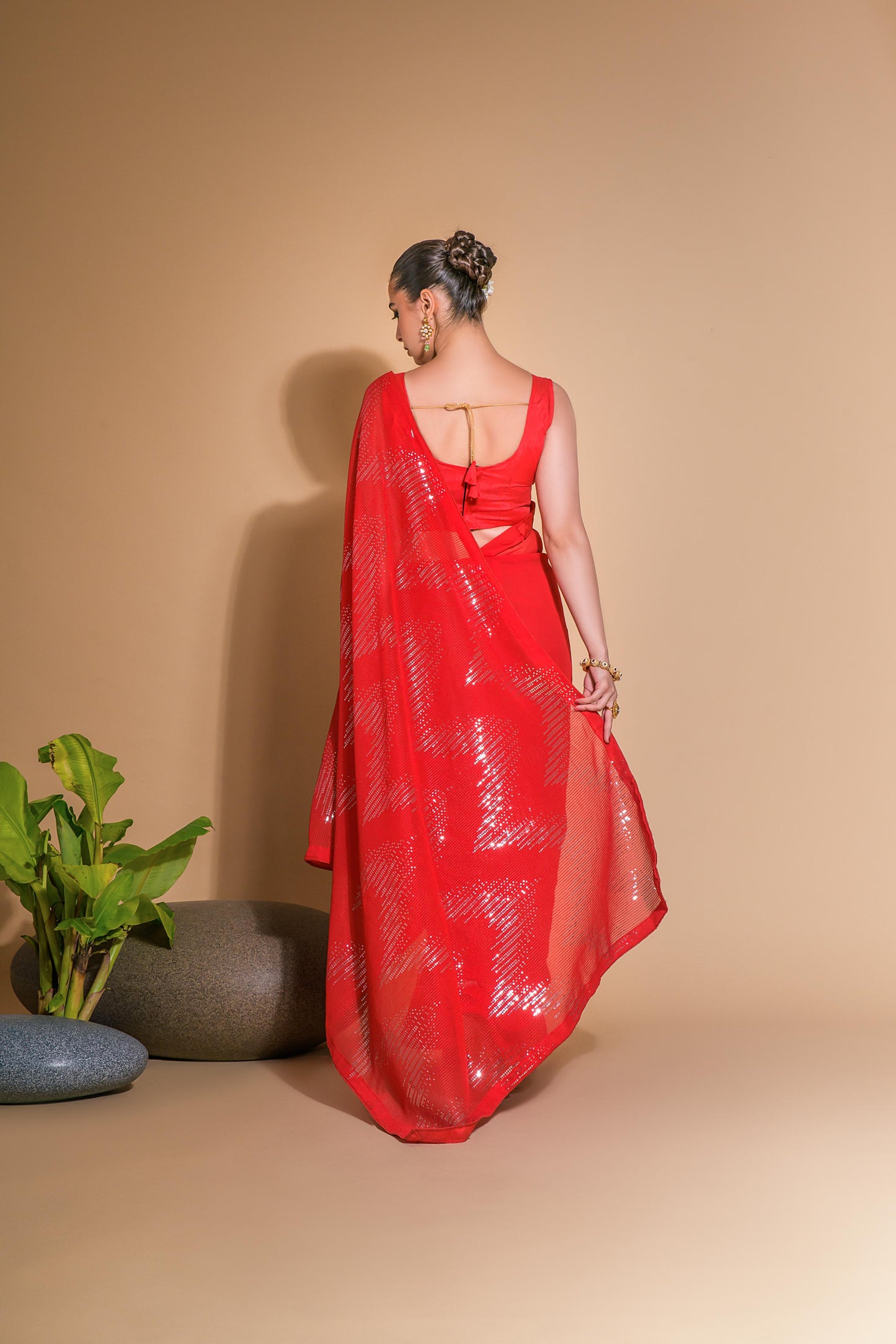 Jyoti Fashion Women's Red Georgette Sequins Embroidered Designer Saree with Blouse | Swadesiicart