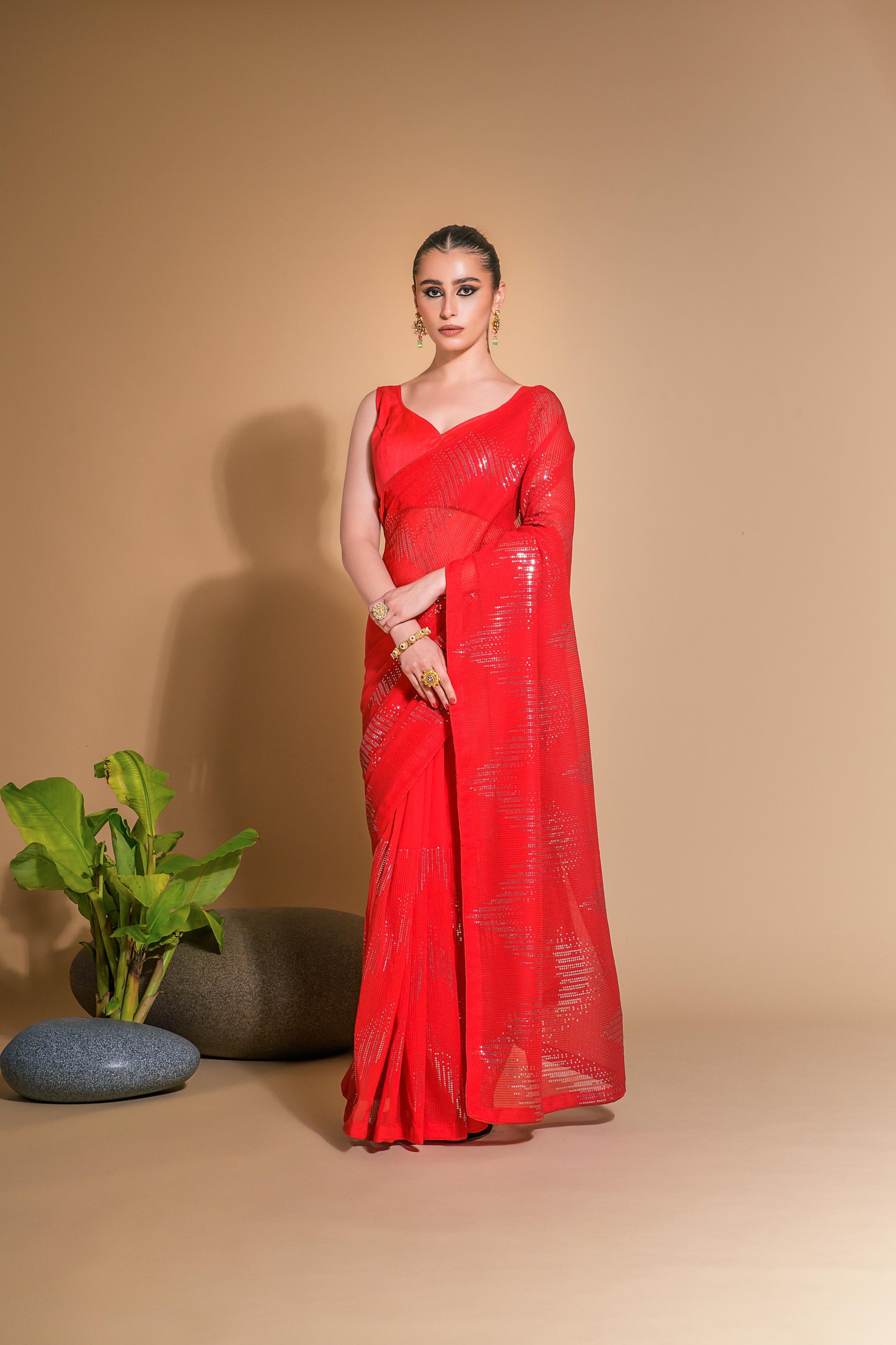 Jyoti Fashion Women's Red Georgette Sequins Embroidered Designer Saree with Blouse | Swadesiicart