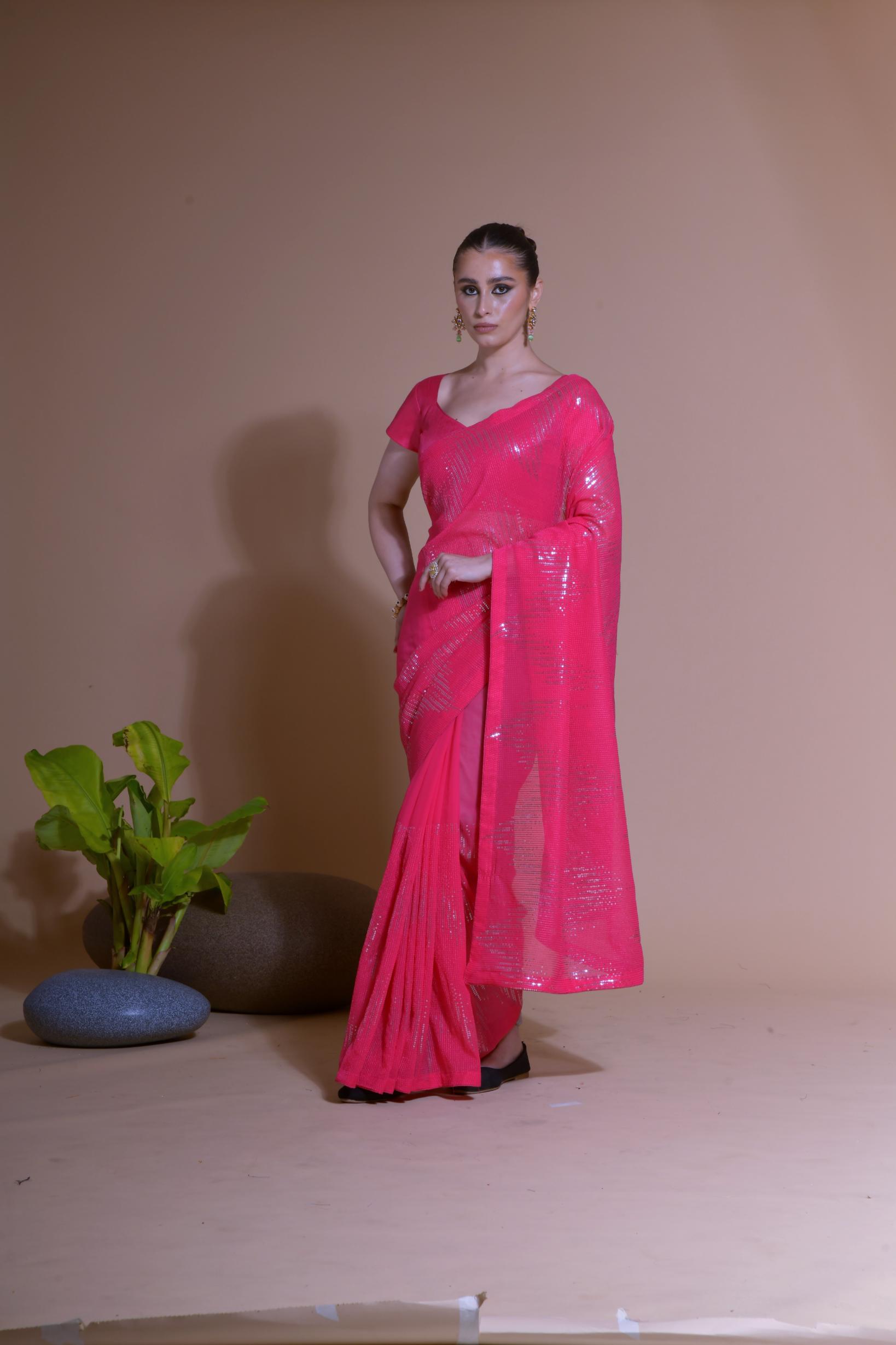 Jyoti Fashion Women's Pink Georgette Sequins Embroidered Designer Saree with Blouse | Swadesiicart