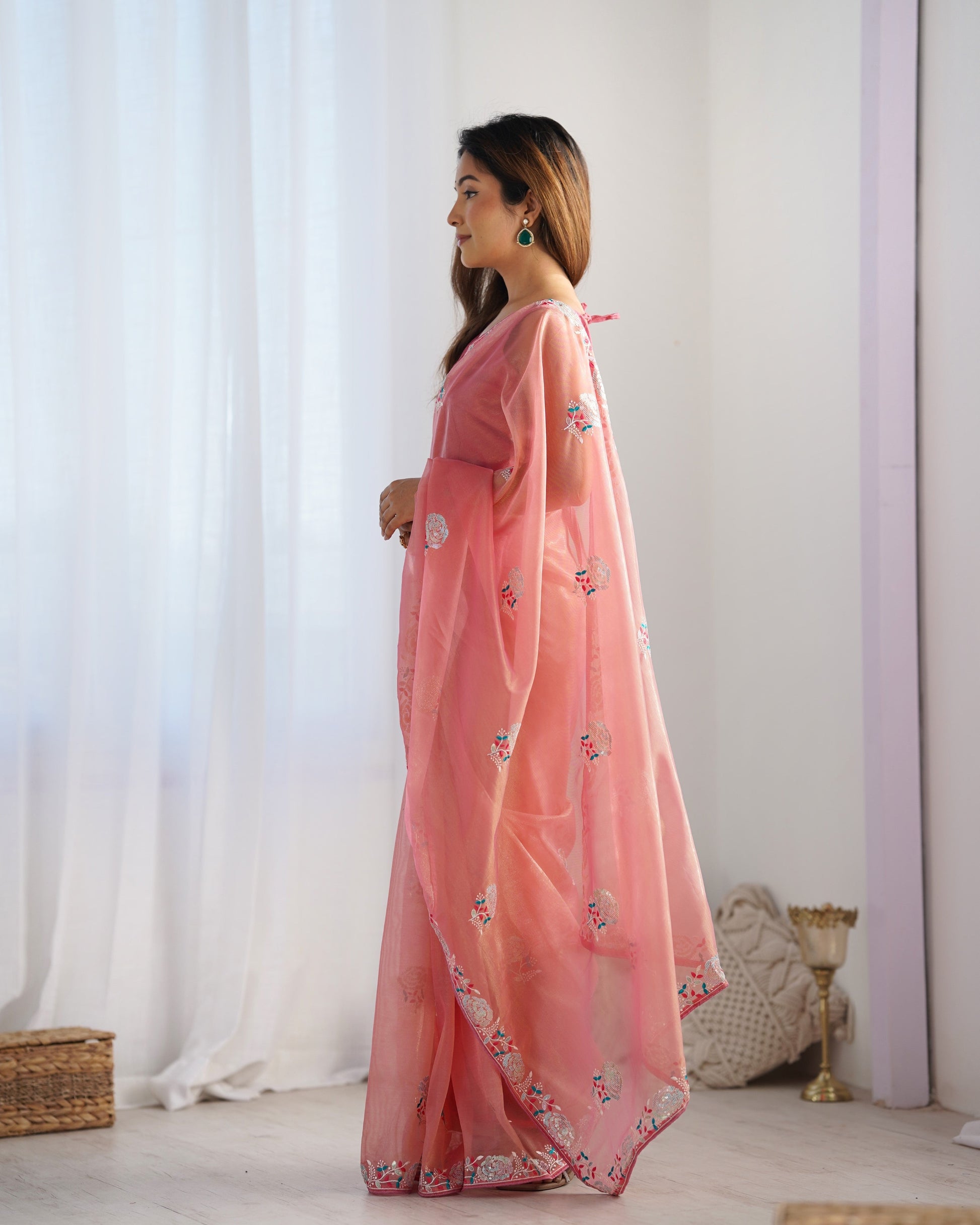 Jyoti Fashion Women's Peach Net Sequins Embroidered Designer Saree with Blouse | Swadesiicart