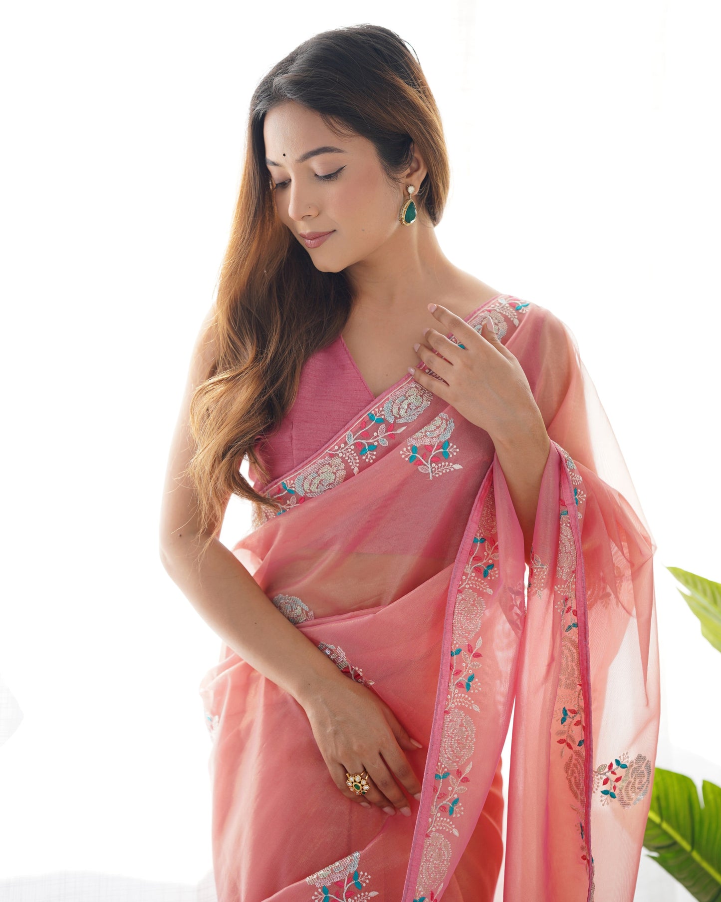 Jyoti Fashion Women's Peach Net Sequins Embroidered Designer Saree with Blouse | Swadesiicart