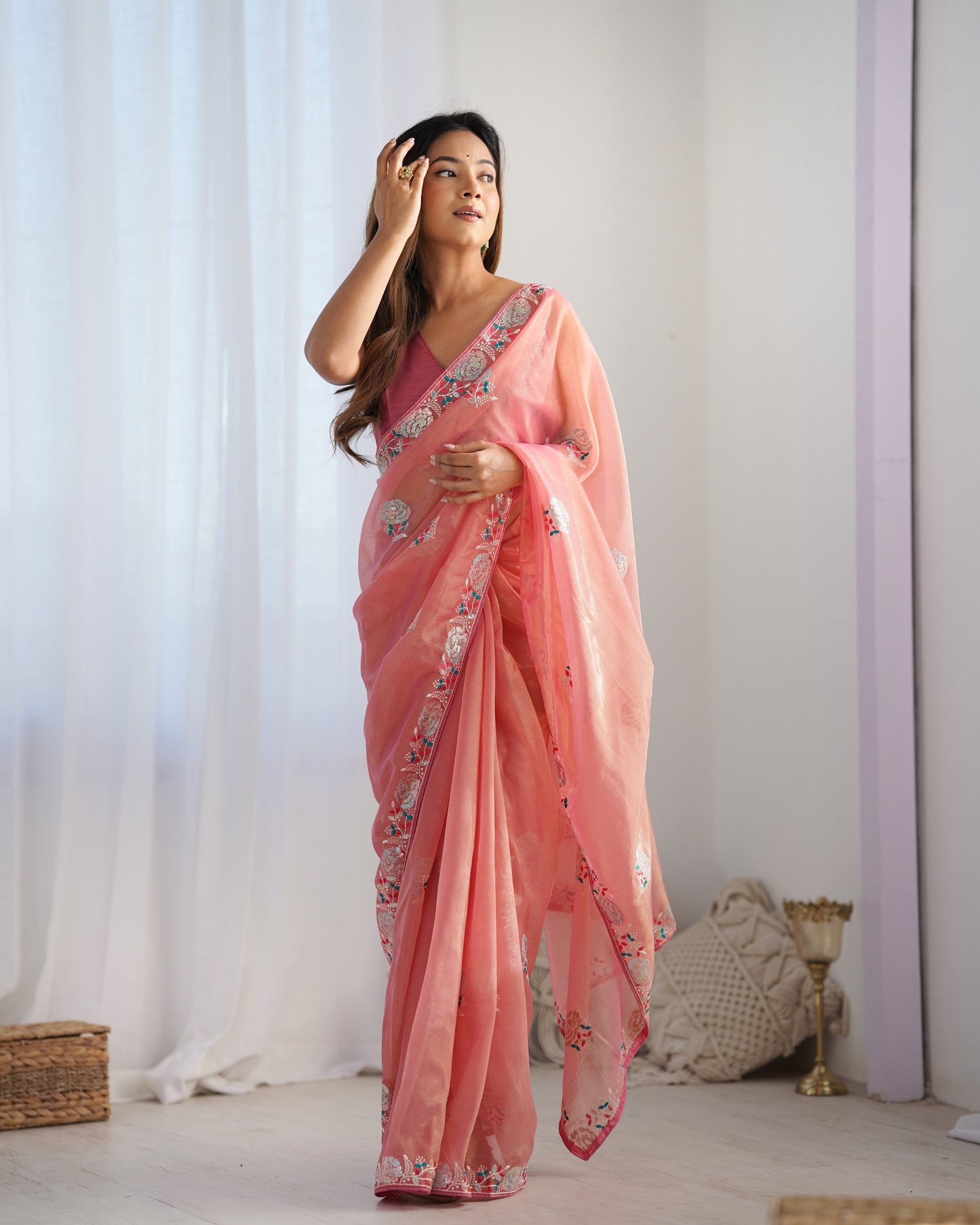 Jyoti Fashion Women's Peach Net Sequins Embroidered Designer Saree with Blouse | Swadesiicart