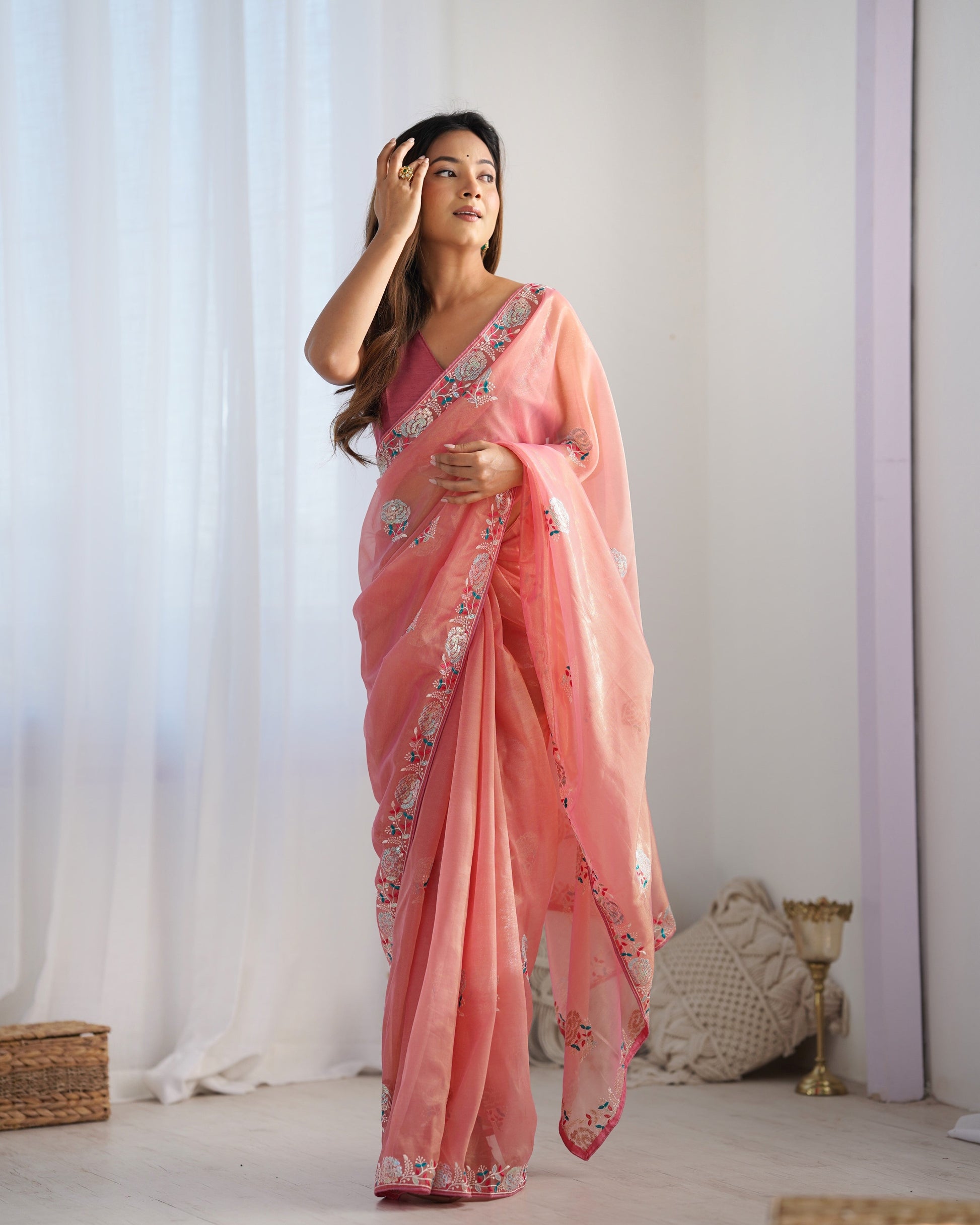Jyoti Fashion Women's Peach Net Sequins Embroidered Designer Saree with Blouse | Swadesiicart