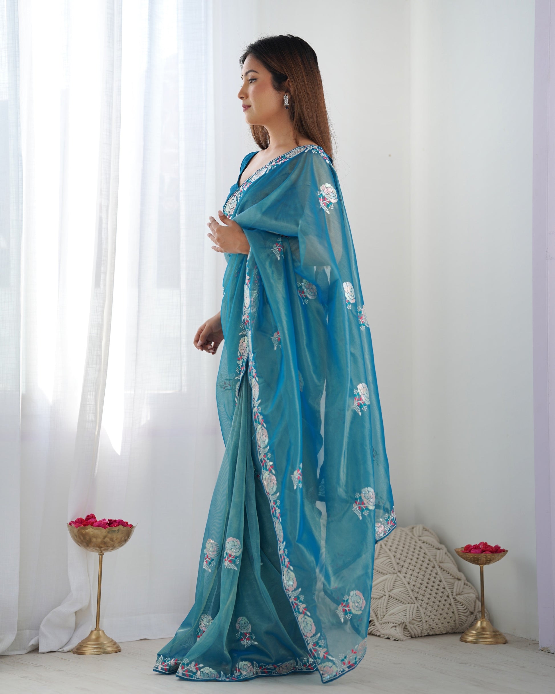 Jyoti Fashion Women's Blue Net Sequins Embroidered Designer Saree with Blouse | Swadesiicart