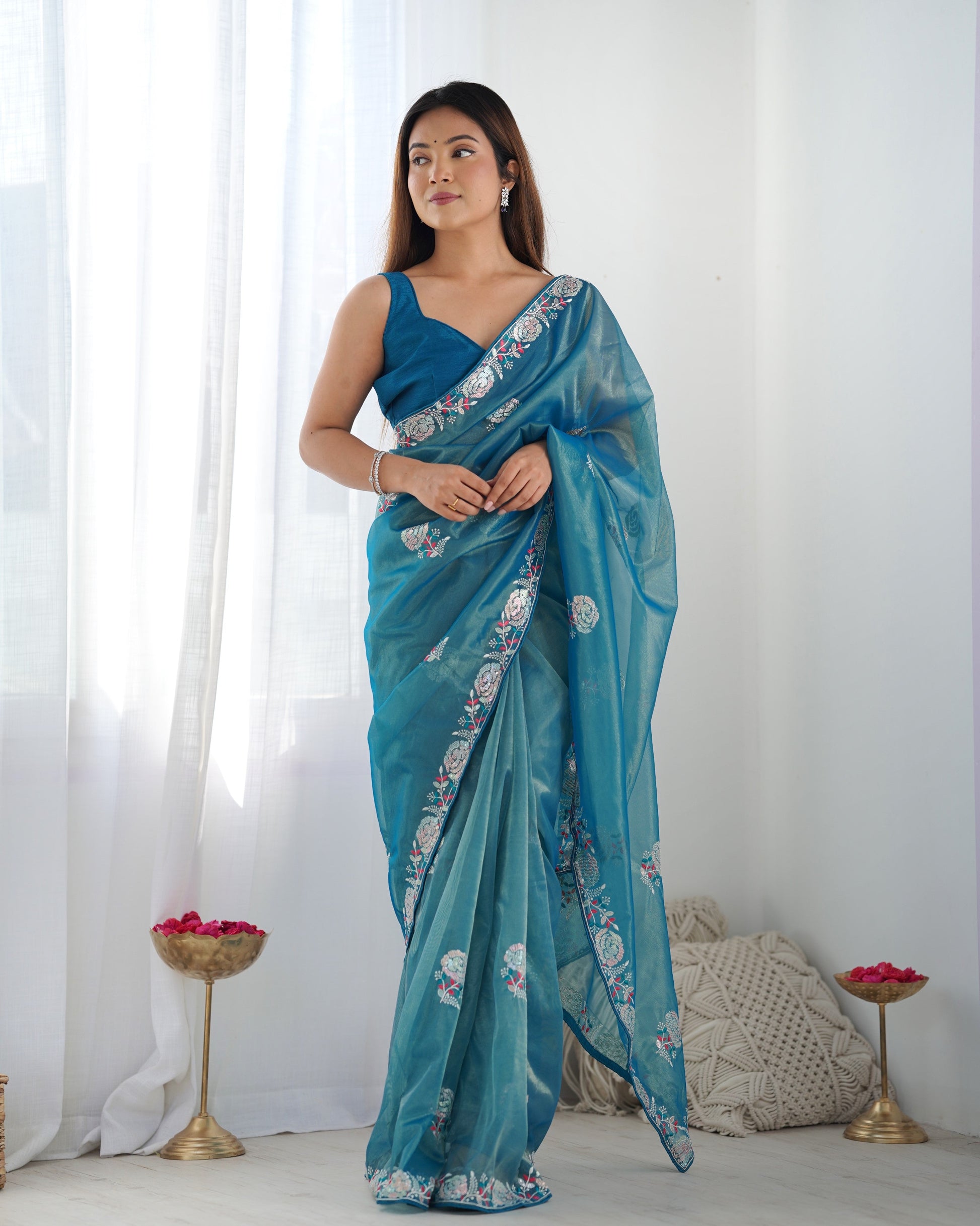 Jyoti Fashion Women's Blue Net Sequins Embroidered Designer Saree with Blouse | Swadesiicart