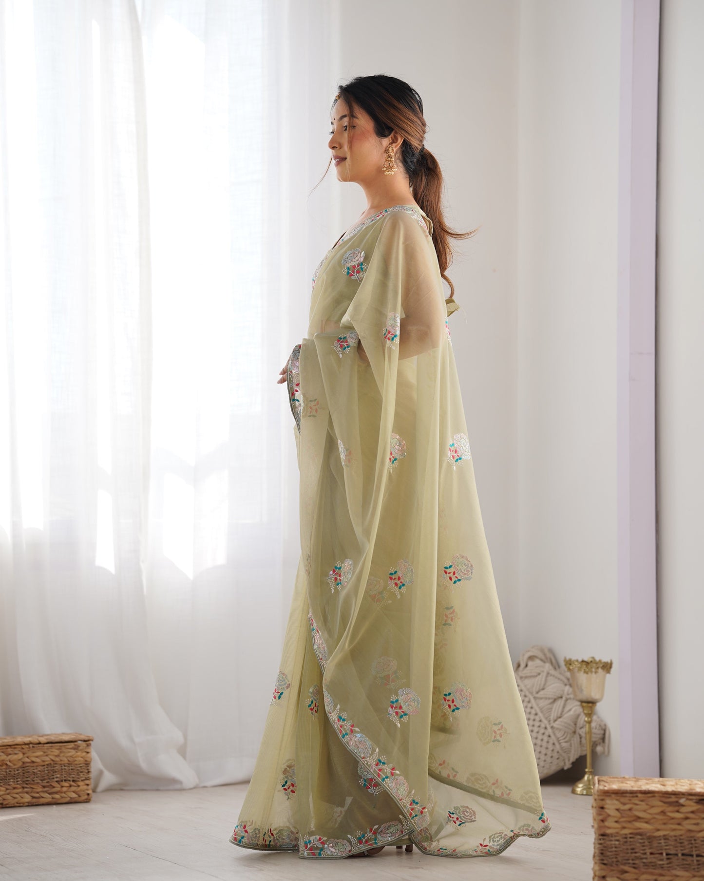 Jyoti Fashion Women's Pista Green Net Sequins Embroidered Designer Saree with Blouse | Swadesiicart