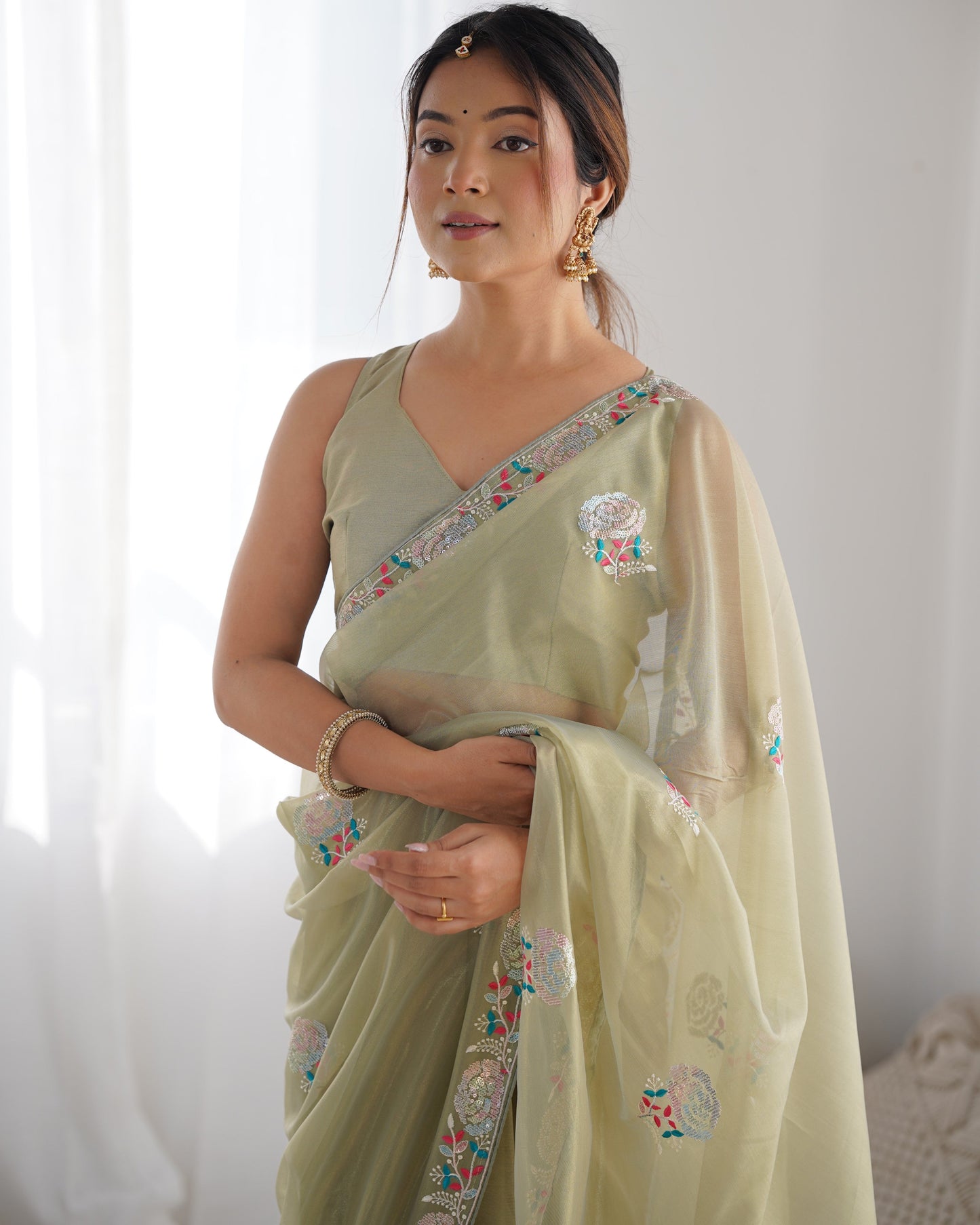 Jyoti Fashion Women's Pista Green Net Sequins Embroidered Designer Saree with Blouse | Swadesiicart