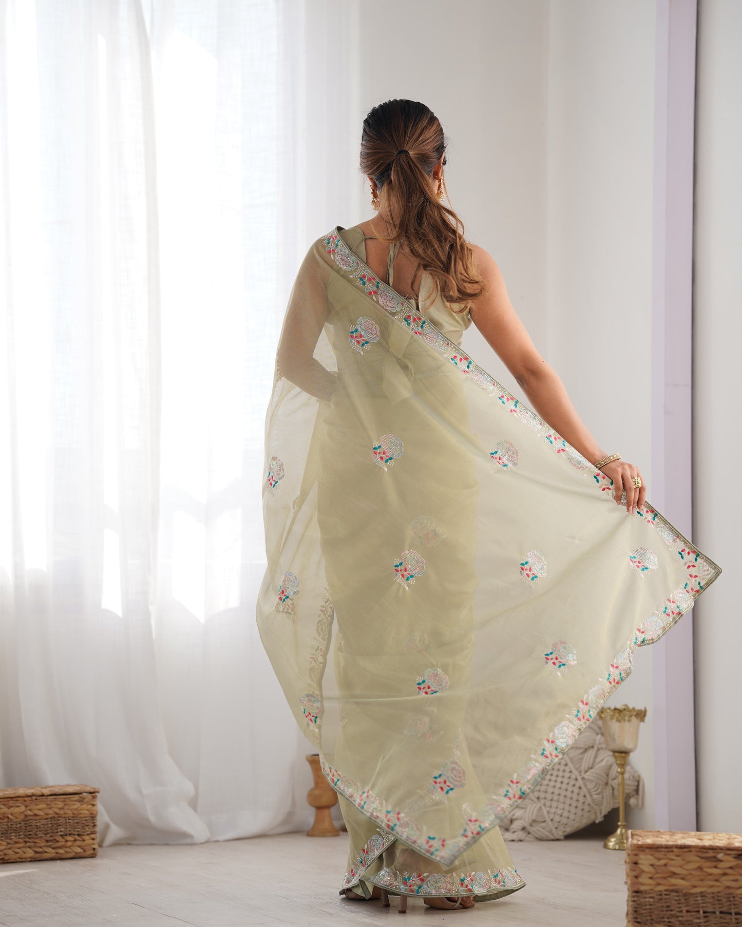 Jyoti Fashion Women's Pista Green Net Sequins Embroidered Designer Saree with Blouse | Swadesiicart
