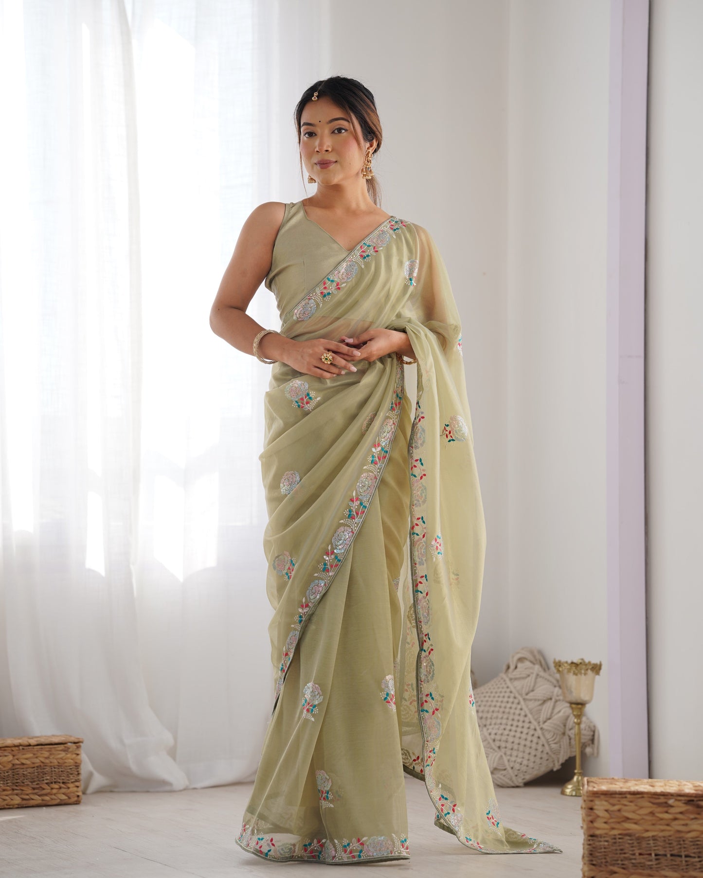 Jyoti Fashion Women's Pista Green Net Sequins Embroidered Designer Saree with Blouse | Swadesiicart