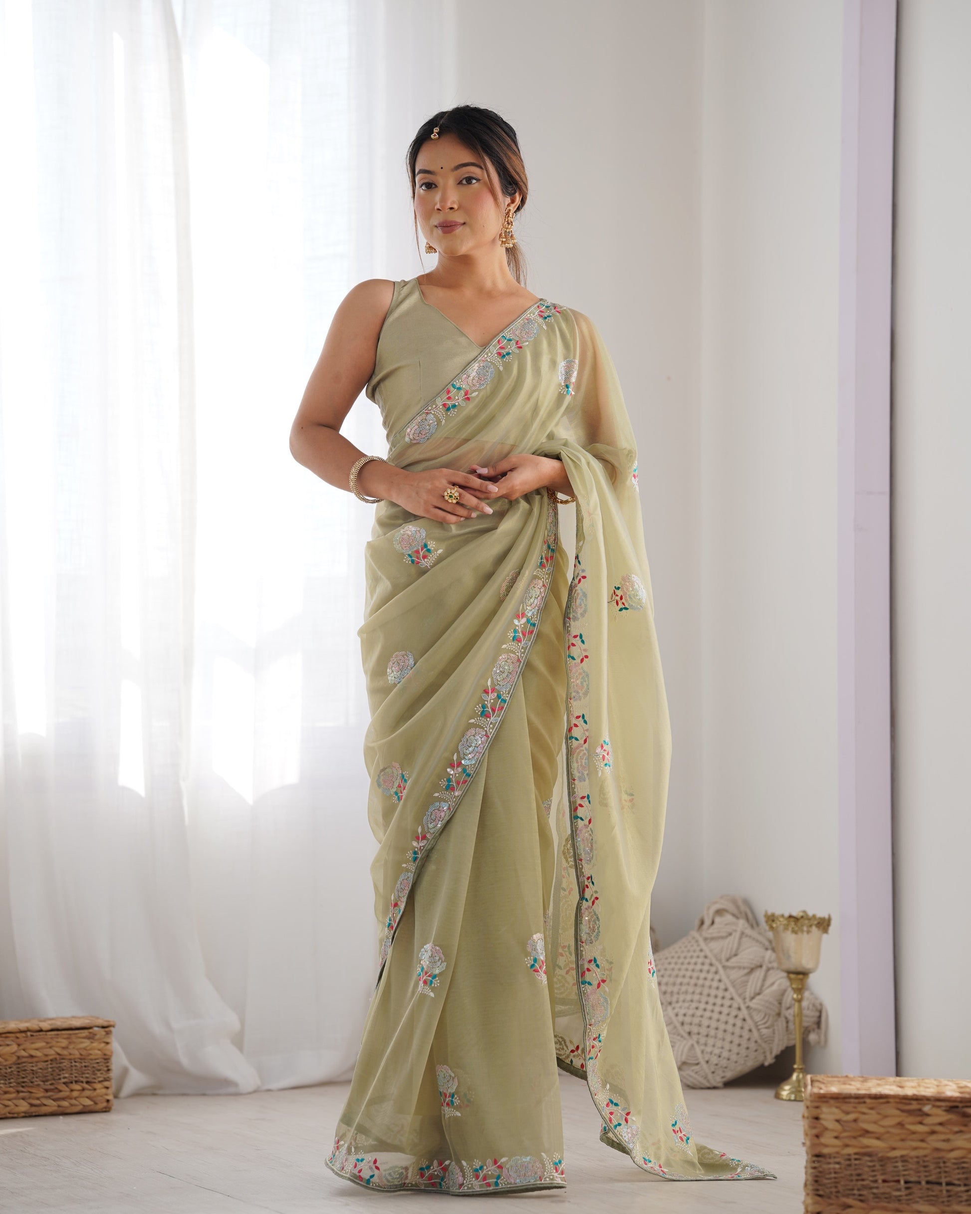 Jyoti Fashion Women's Pista Green Net Sequins Embroidered Designer Saree with Blouse | Swadesiicart
