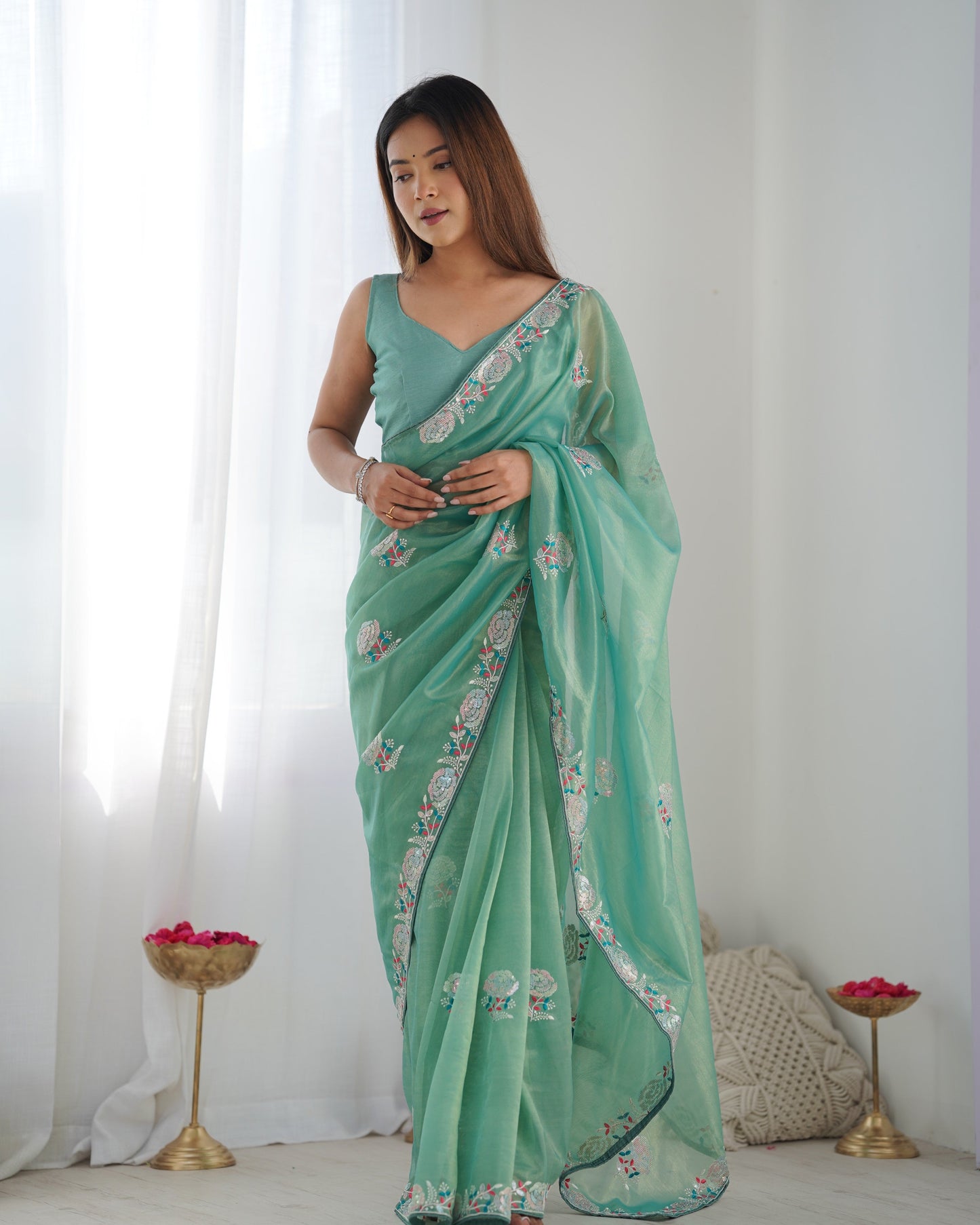 Jyoti Fashion Women's Sea Green Net Sequins Embroidered Designer Saree with Blouse | Swadesiicart