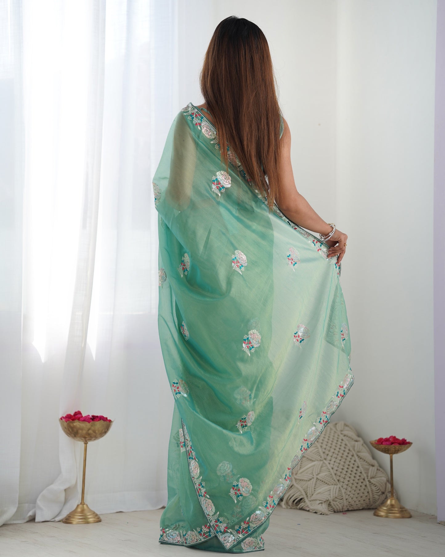 Jyoti Fashion Women's Sea Green Net Sequins Embroidered Designer Saree with Blouse | Swadesiicart