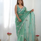 Jyoti Fashion Women's Sea Green Net Sequins Embroidered Designer Saree with Blouse | Swadesiicart