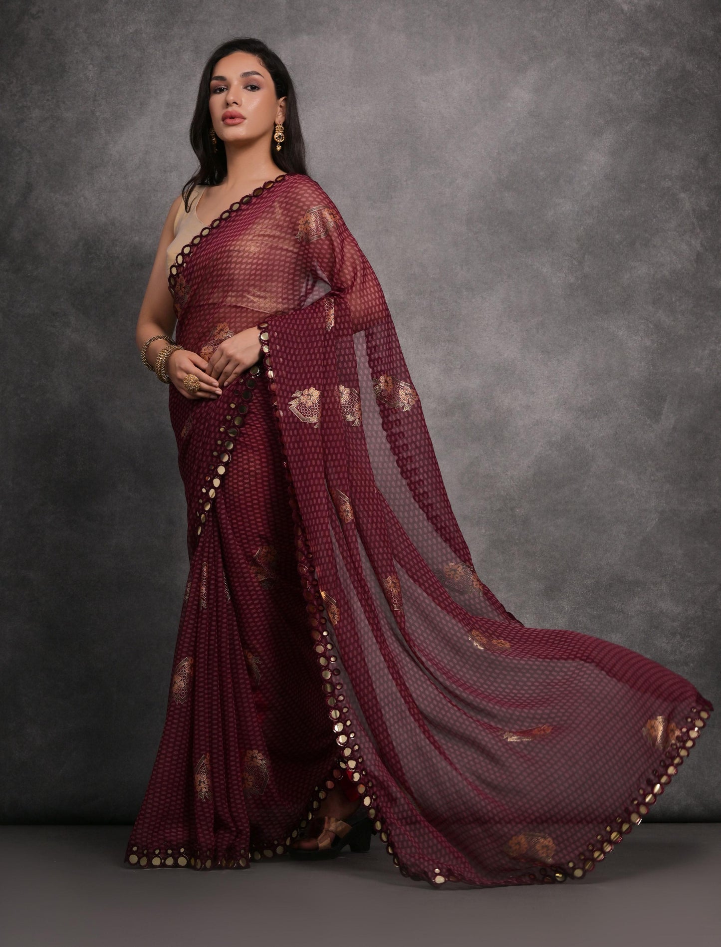 Jyoti Fashion Women's Maroon Chiffon Mirror Work Designer Saree with Blouse | Swadesiicart