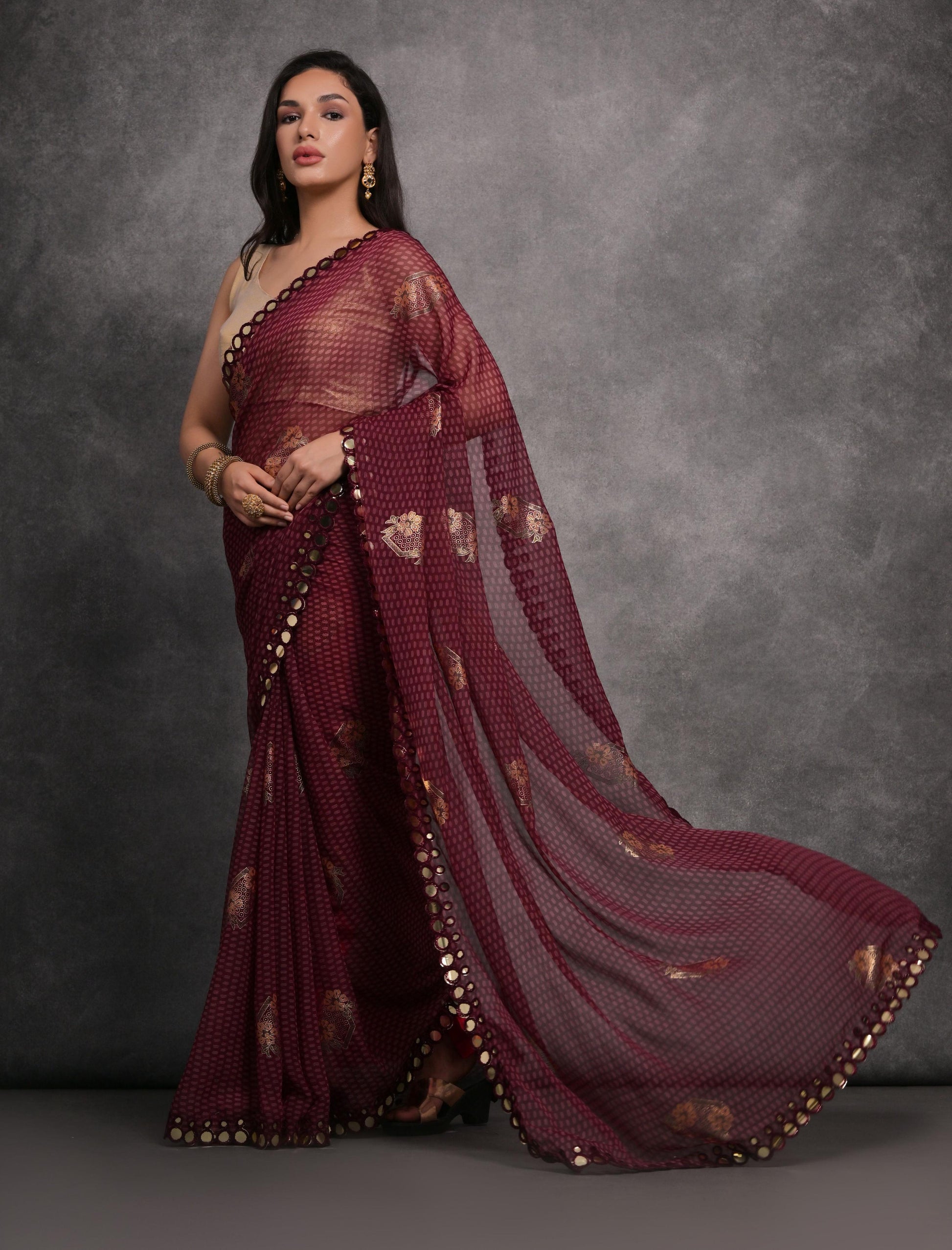 Jyoti Fashion Women's Maroon Chiffon Mirror Work Designer Saree with Blouse | Swadesiicart