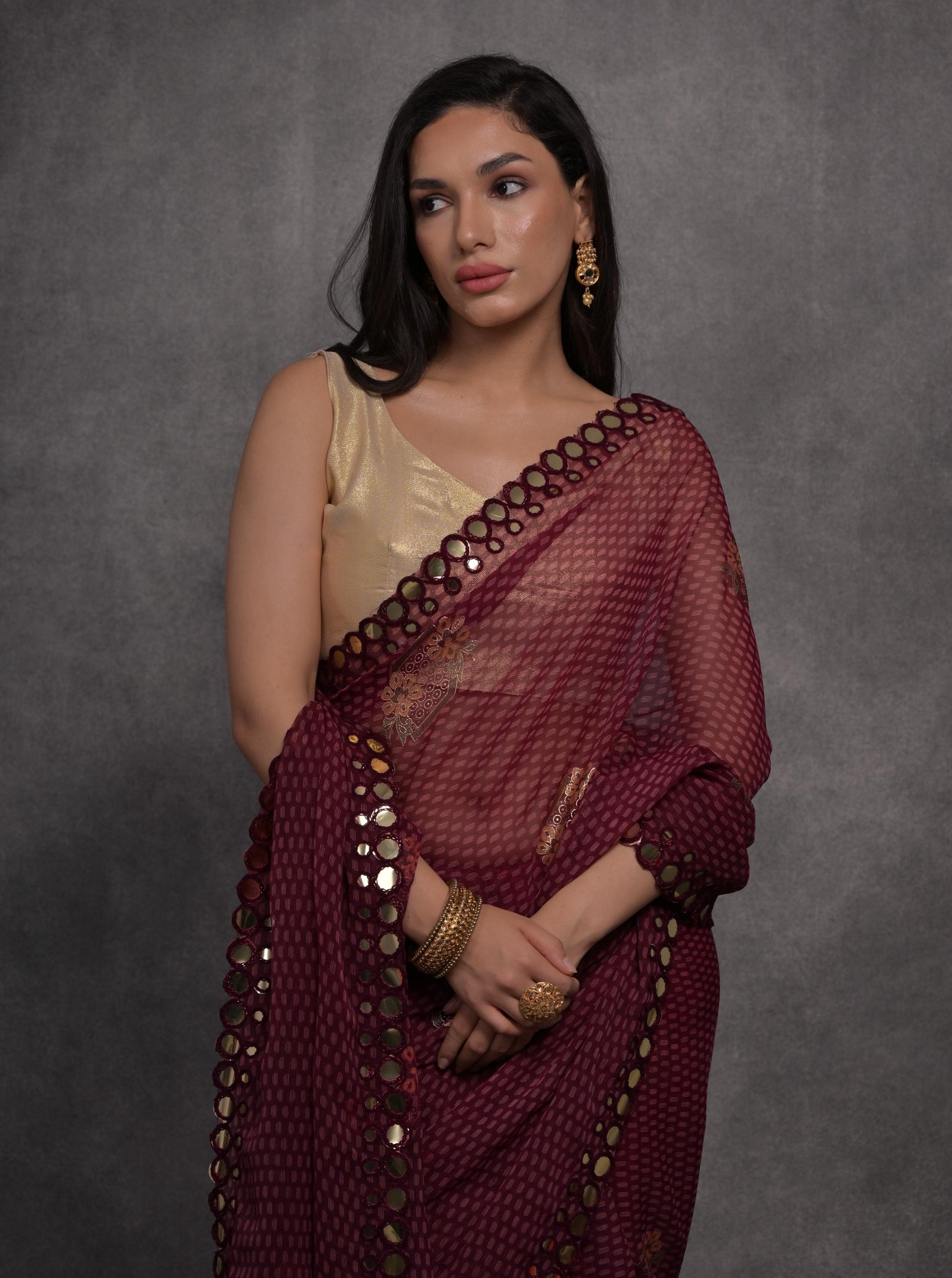 Jyoti Fashion Women's Maroon Chiffon Mirror Work Designer Saree with Blouse | Swadesiicart