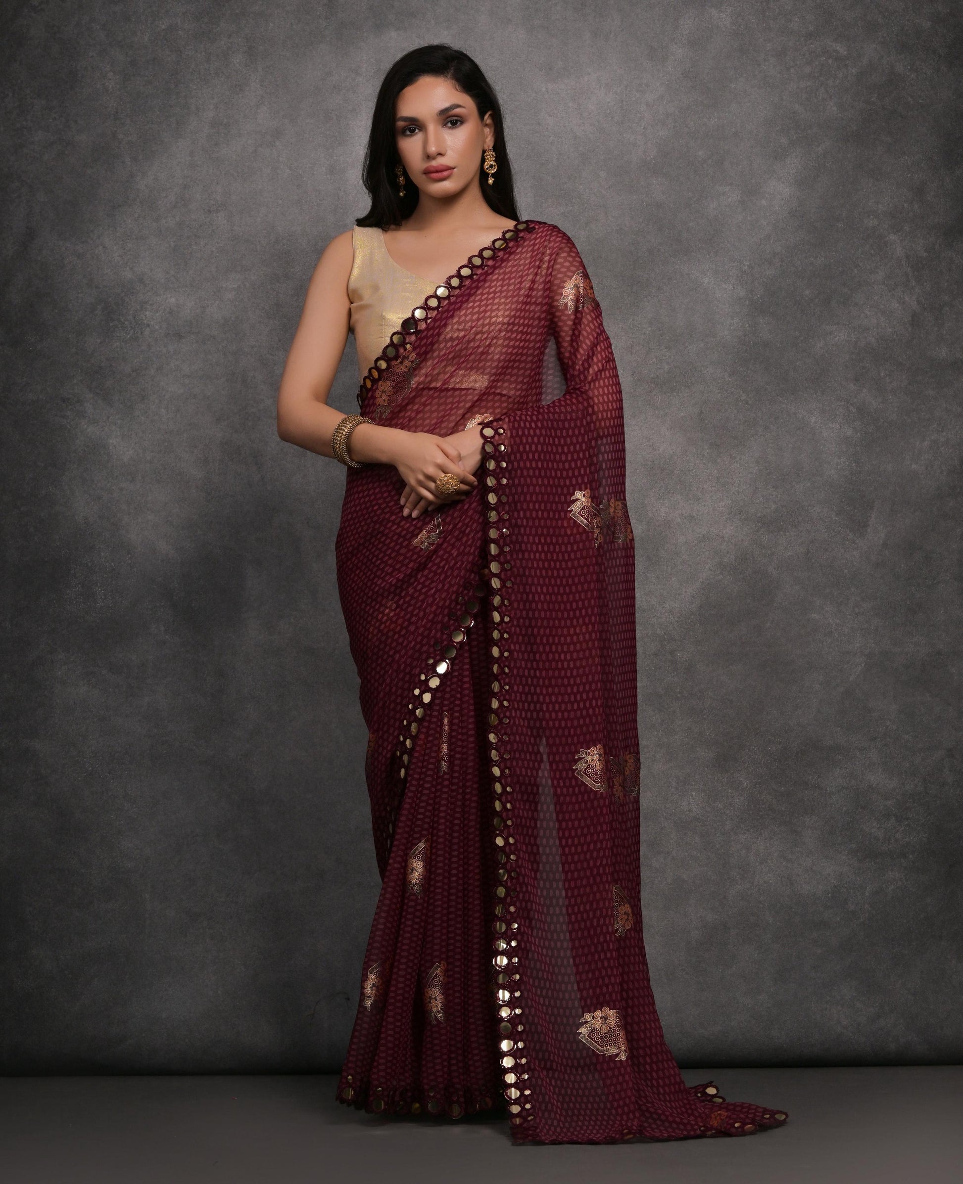 Jyoti Fashion Women's Maroon Chiffon Mirror Work Designer Saree with Blouse | Swadesiicart