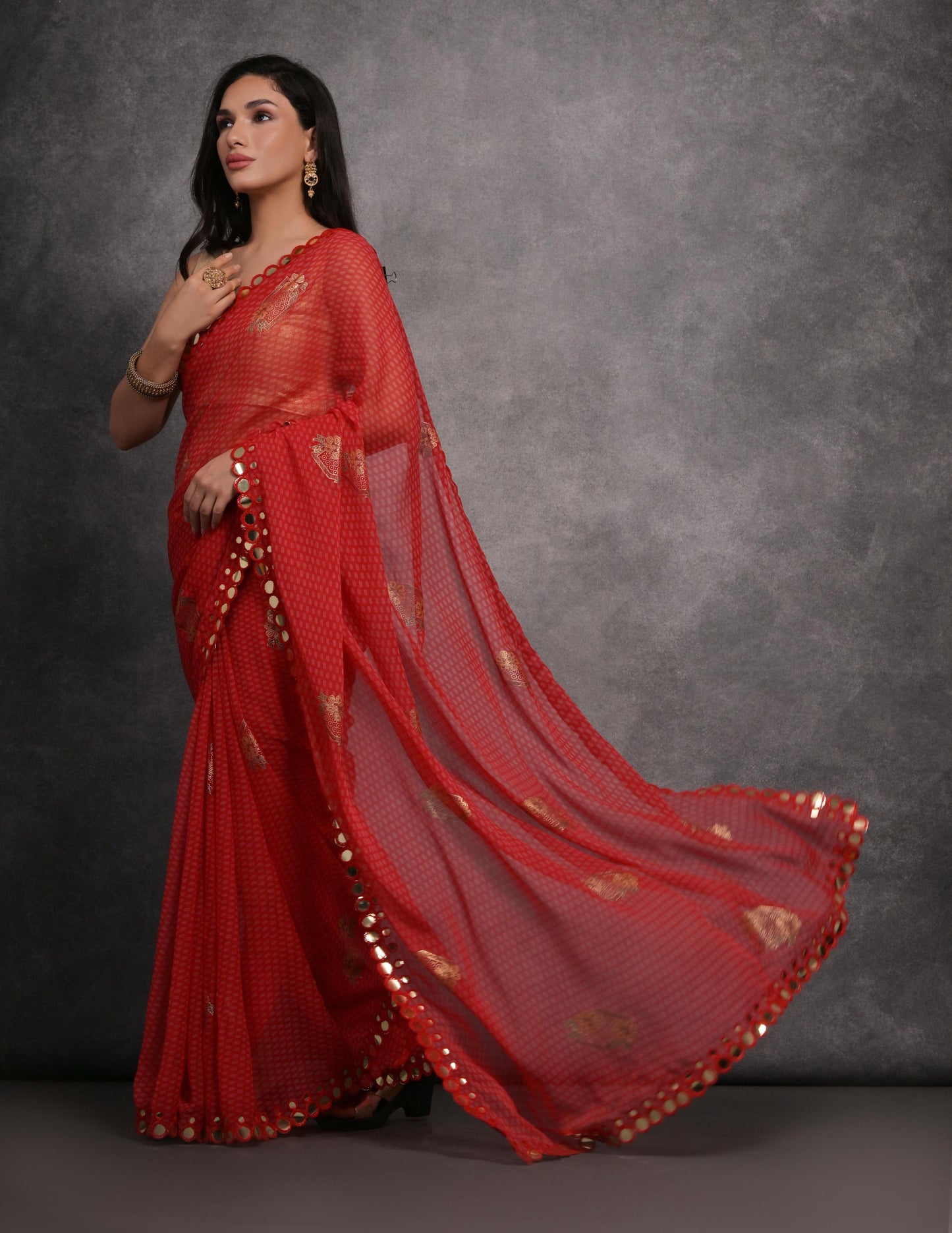 Jyoti Fashion Women's Red Chiffon Mirror Work Designer Saree with Blouse | Swadesiicart