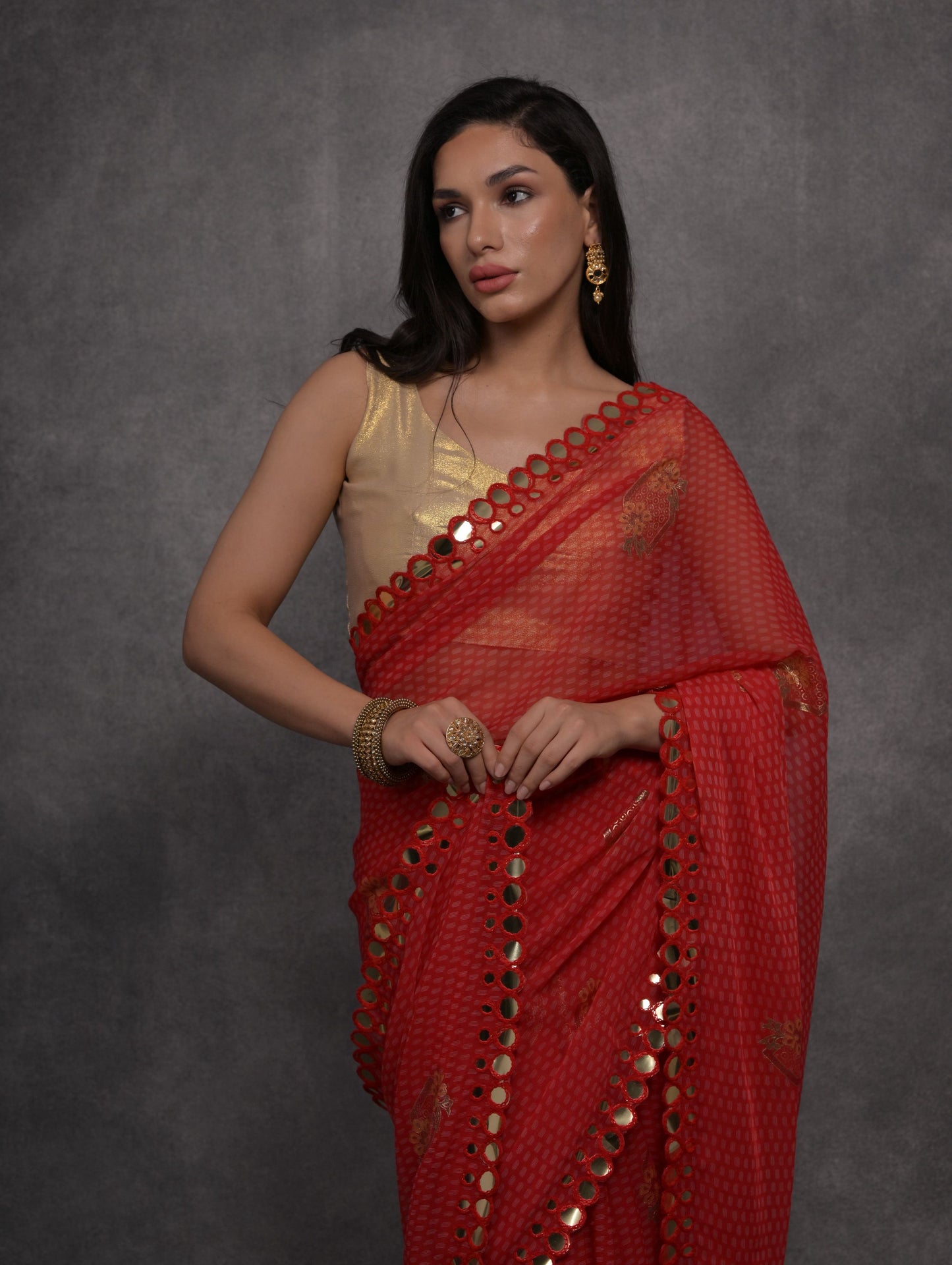 Jyoti Fashion Women's Red Chiffon Mirror Work Designer Saree with Blouse | Swadesiicart