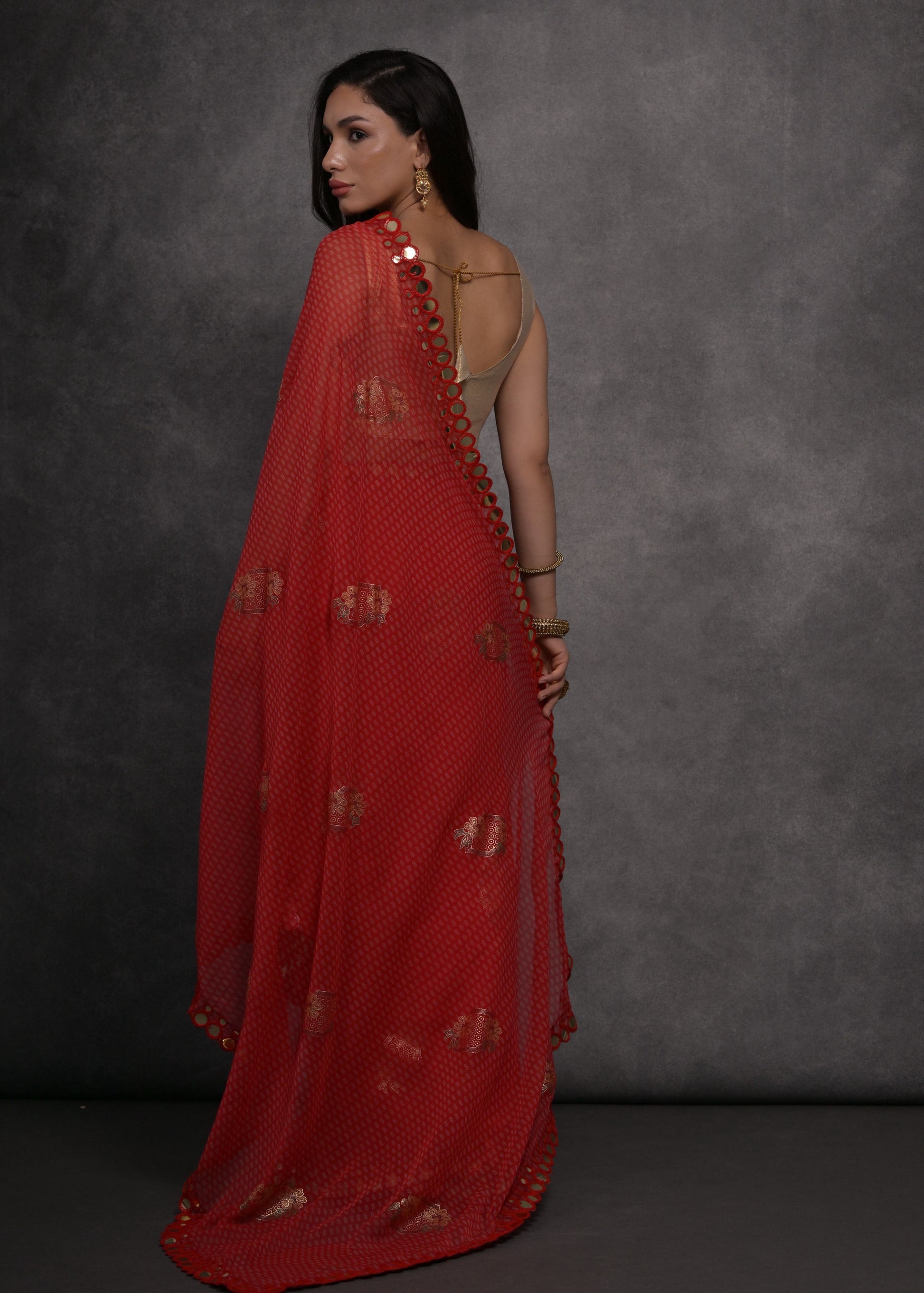 Jyoti Fashion Women's Red Chiffon Mirror Work Designer Saree with Blouse | Swadesiicart