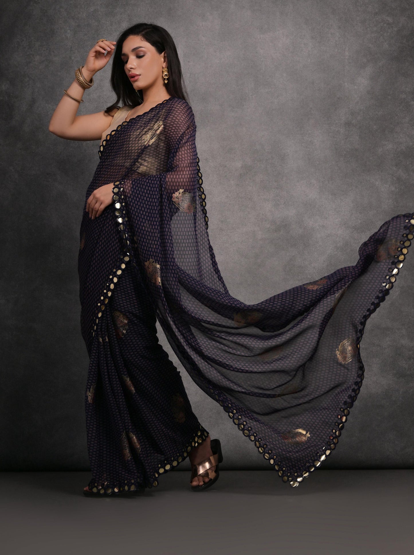 Jyoti Fashion Women's Navy Blue Chiffon Mirror Work Designer Saree with Blouse | Swadesiicart