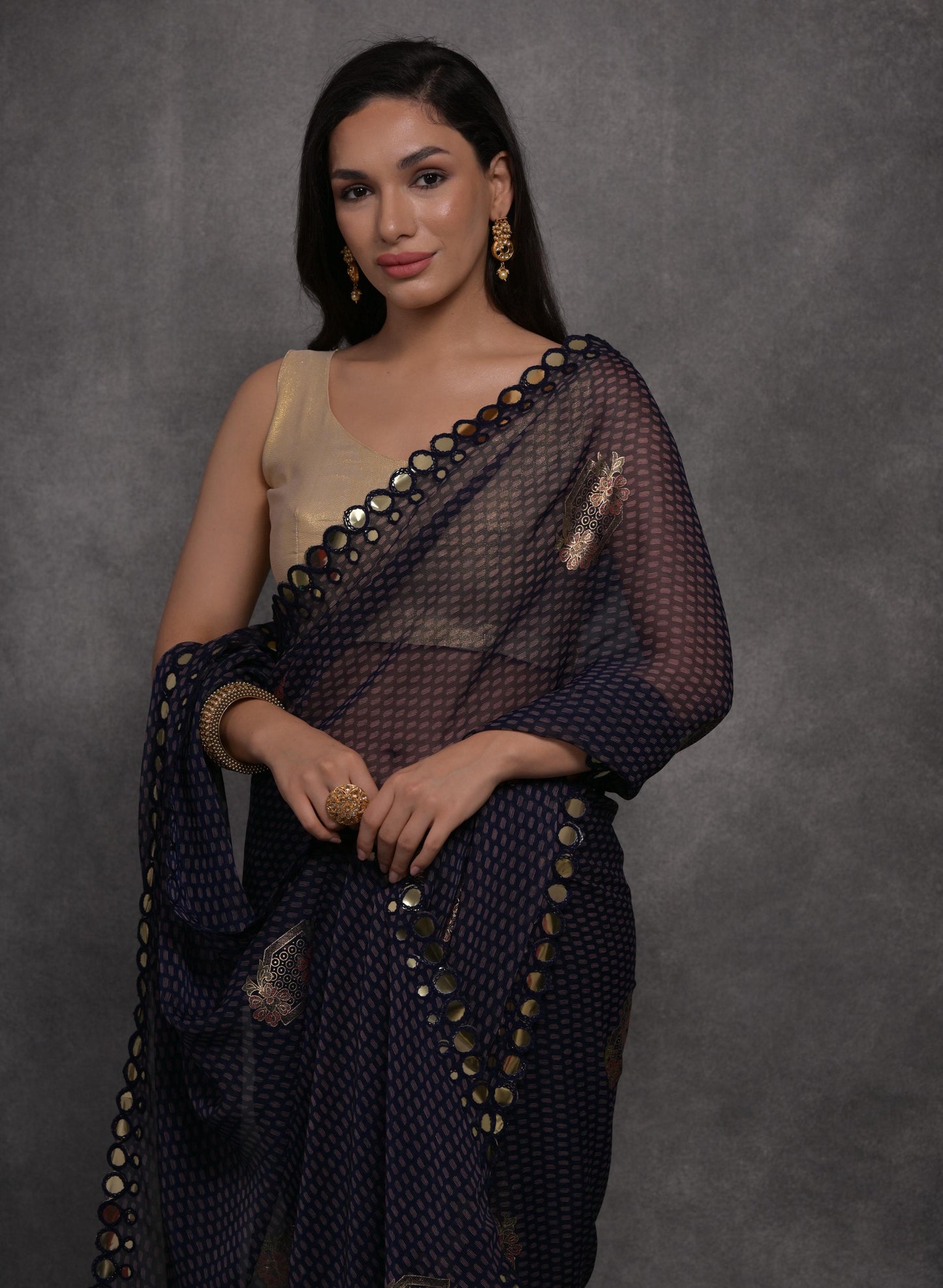 Jyoti Fashion Women's Navy Blue Chiffon Mirror Work Designer Saree with Blouse | Swadesiicart