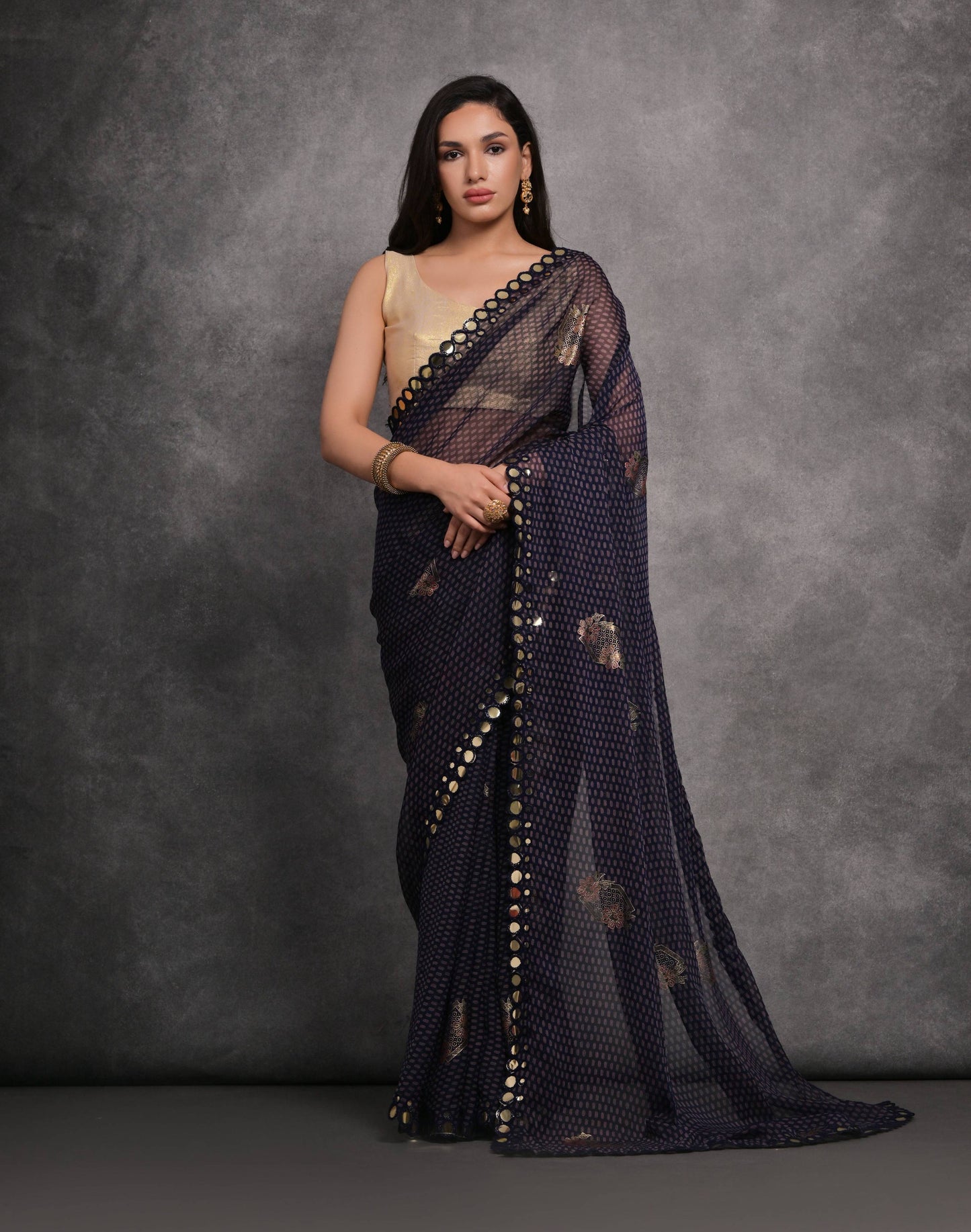 Jyoti Fashion Women's Navy Blue Chiffon Mirror Work Designer Saree with Blouse | Swadesiicart