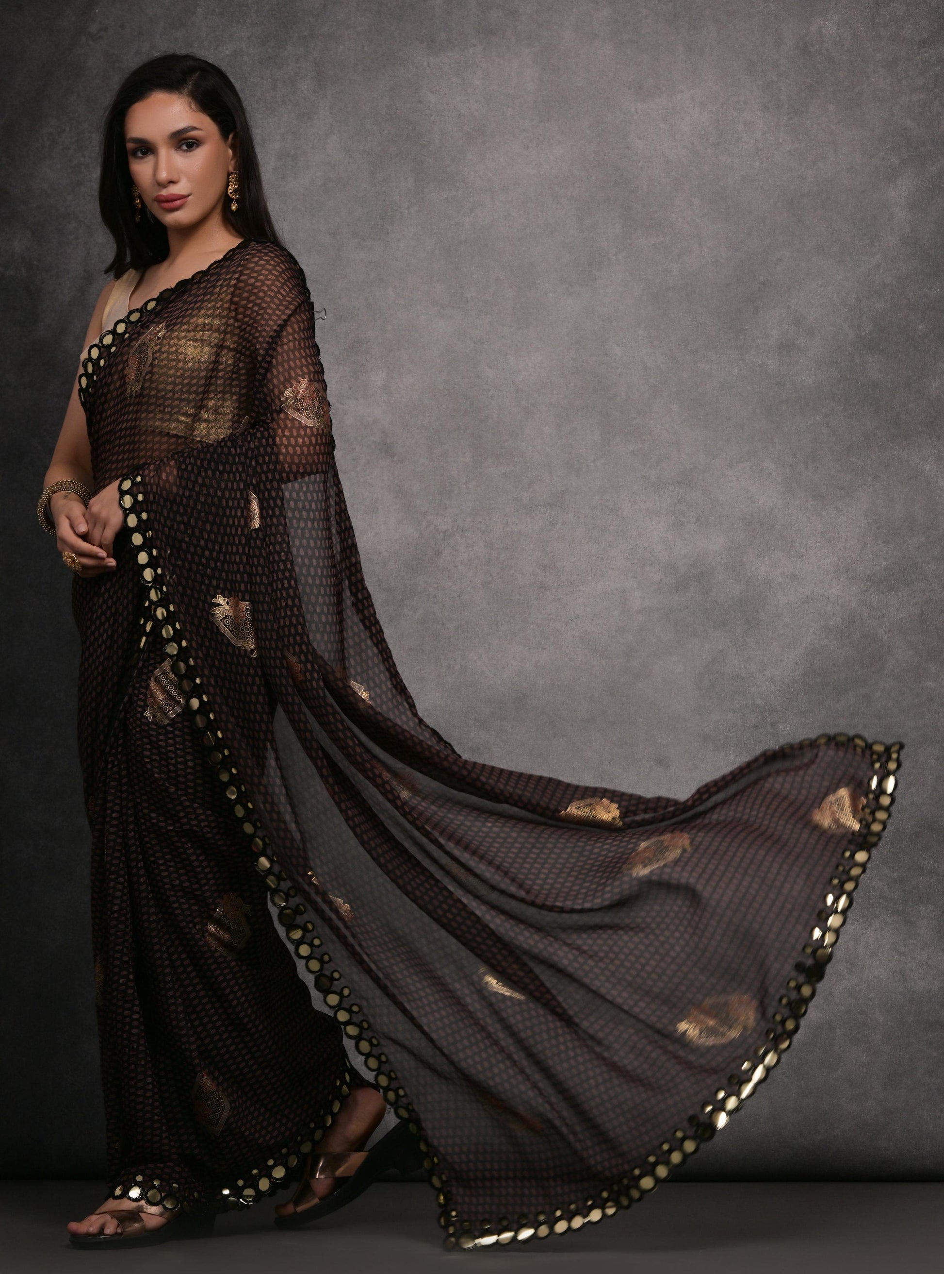 Jyoti Fashion Women's Black Chiffon Mirror Work Designer Saree with Blouse | Swadesiicart