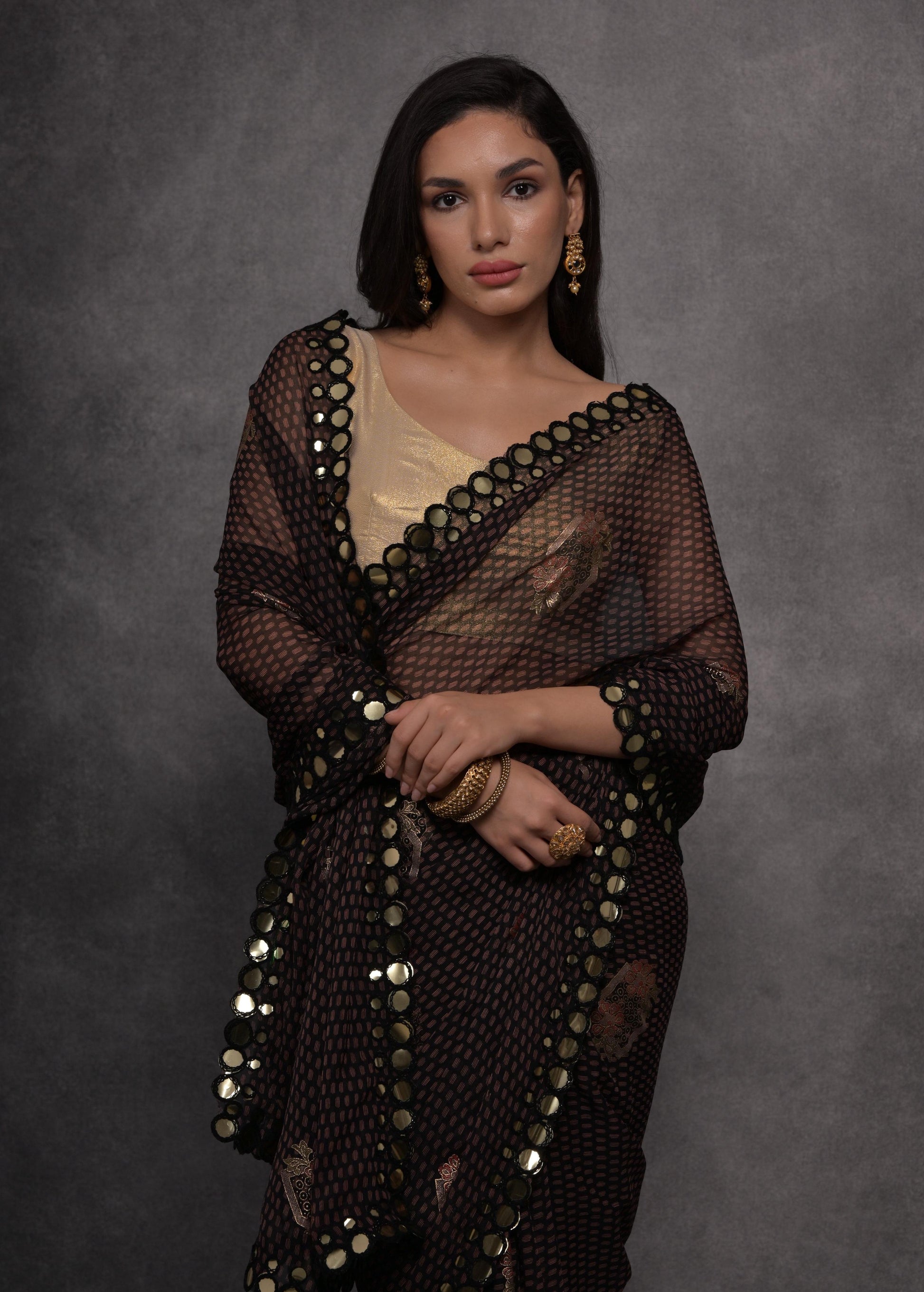 Jyoti Fashion Women's Black Chiffon Mirror Work Designer Saree with Blouse | Swadesiicart