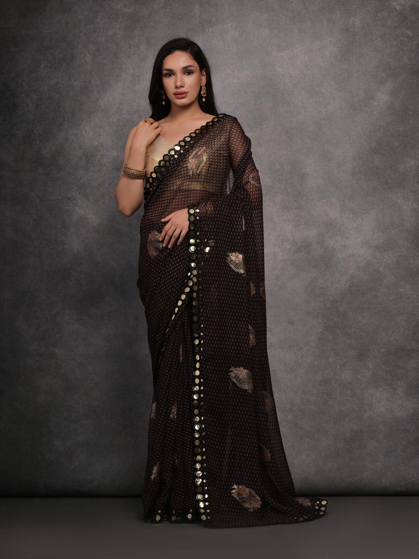 Jyoti Fashion Women's Black Chiffon Mirror Work Designer Saree with Blouse | Swadesiicart