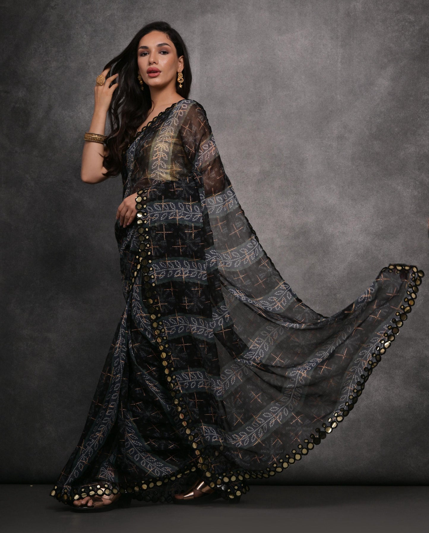 Jyoti Fashion Women's Grey Chiffon Mirror Work Designer Saree with Blouse | Swadesiicart